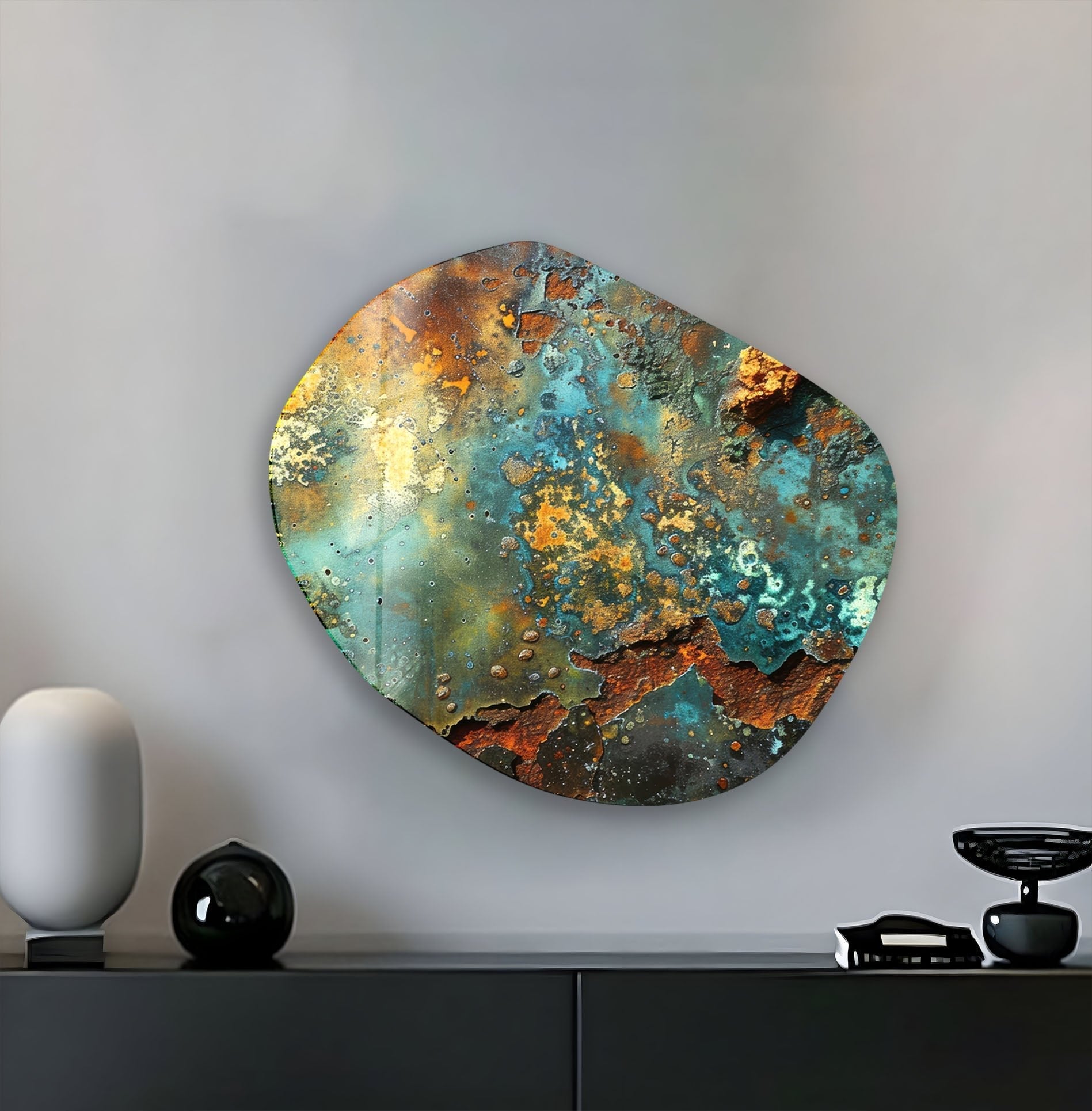 Abstract Green & Copper Oval Glass Wall Art - Modern Home Decor for Living Room, Bedroom & Office - Handmade Glass Artwork for Unique Interior Design