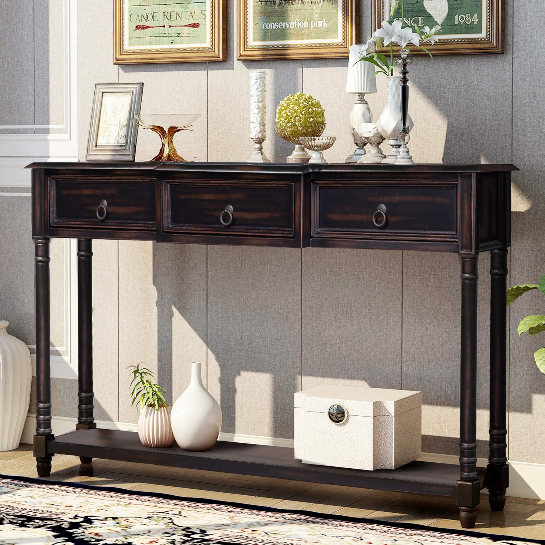 Luxury Dark Espresso Console Table with 3 Drawers & Long Shelf - Sturdy Sofa Table for Entryway, Hallway & Living Room - Modern Home Decor with Projecting Drawers for Storage & Organization