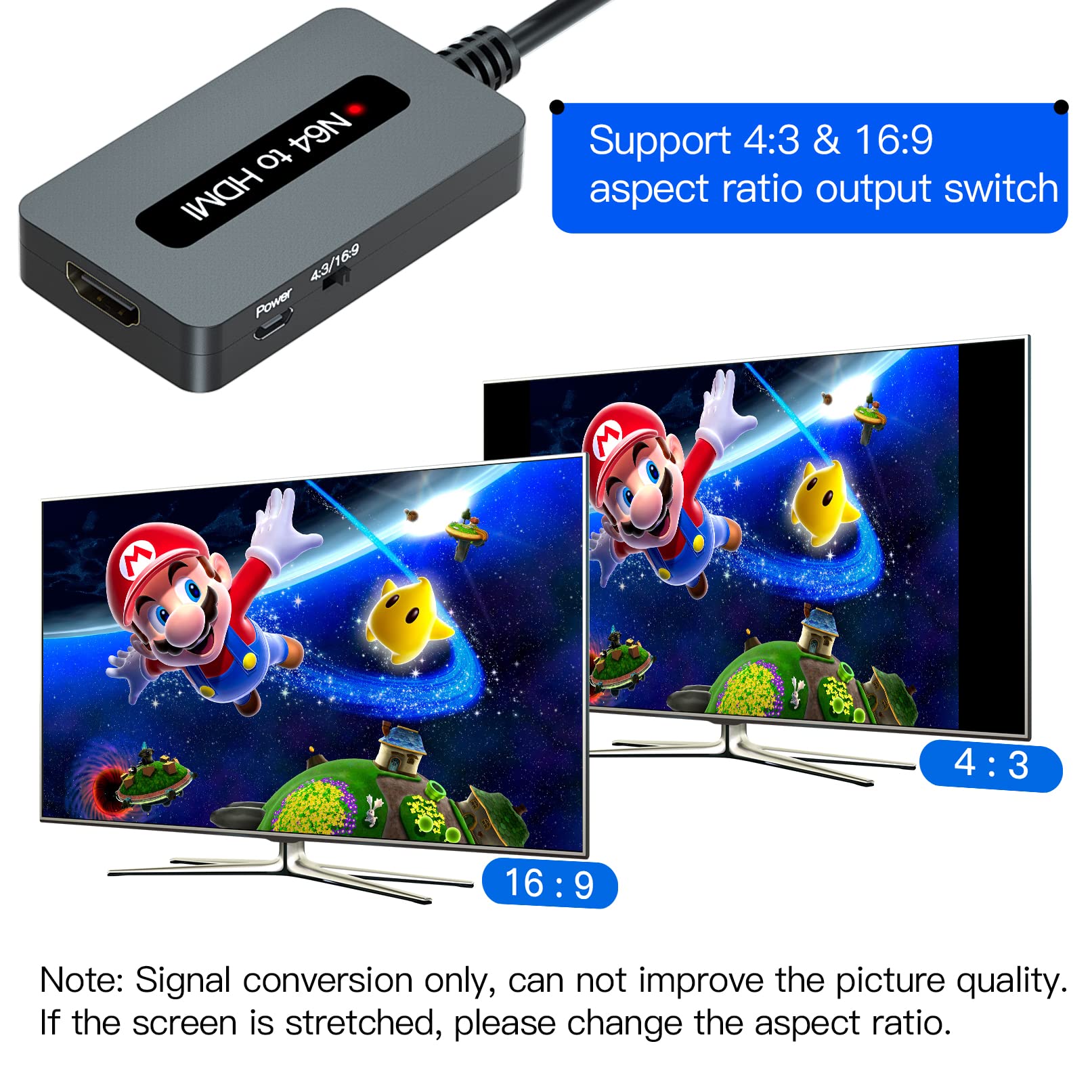 N64 to HDMI Converter Adapter - 4:3 & 16:9 Aspect Ratio Switch for Nintendo 64, Super SNES, NGC & Super Famicom with HDMI Cable - Perfect for Retro Gaming Setup & TV Display