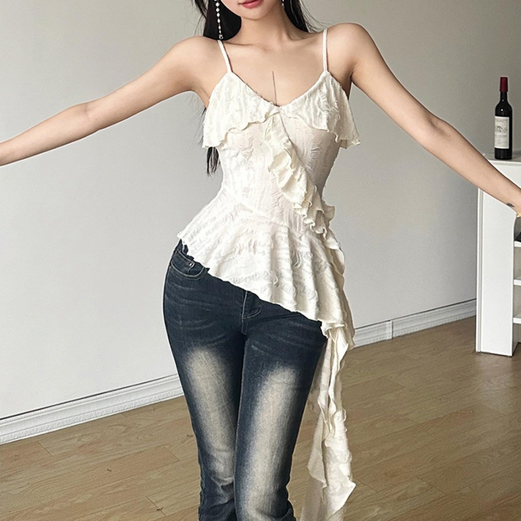 Women's Strap Tank Tops - Ruffled V-Neck Patchwork Y2K Sexy Trendy Tops for Summer, Beach, and Casual Outfits