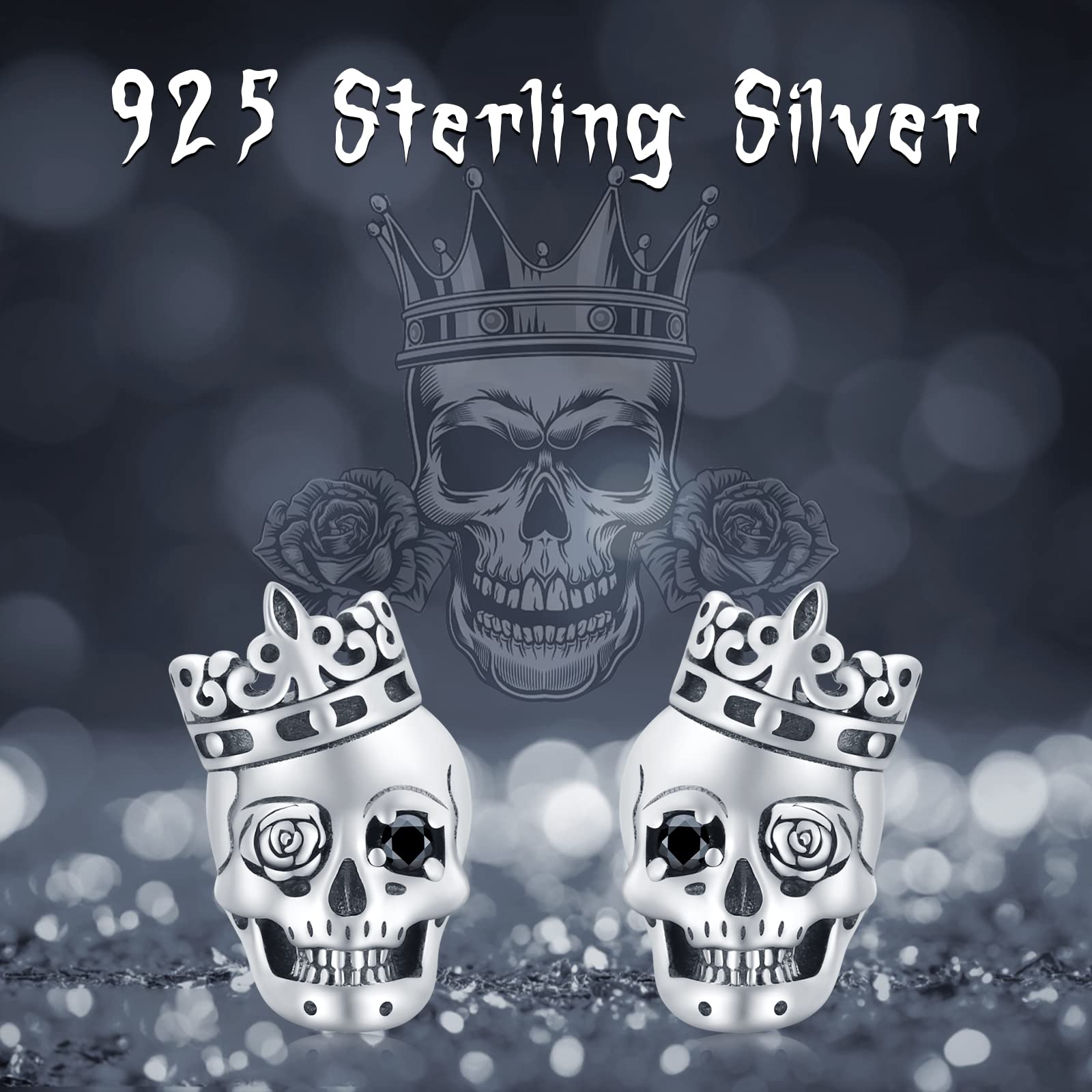 Sterling Silver Skull Flower Stud Earrings with CZ Stones - Gothic Punk Jewelry for Men & Women - Perfect Gift for Father's Day, Mother's Day, Halloween & Alternative Fashion Lovers
