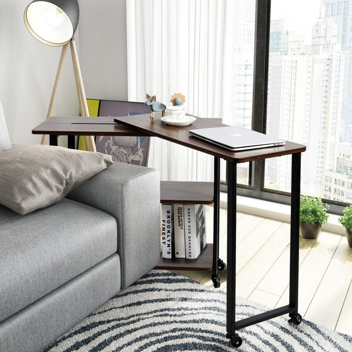 360 Degree Rotating L-Shaped End Table with Wheels & Brake - Sturdy Metal Frame, Open Storage Shelves, Water Resistant & Easy to Clean - Perfect for Living Room, Bedroom, Office (Walnut Finish)
