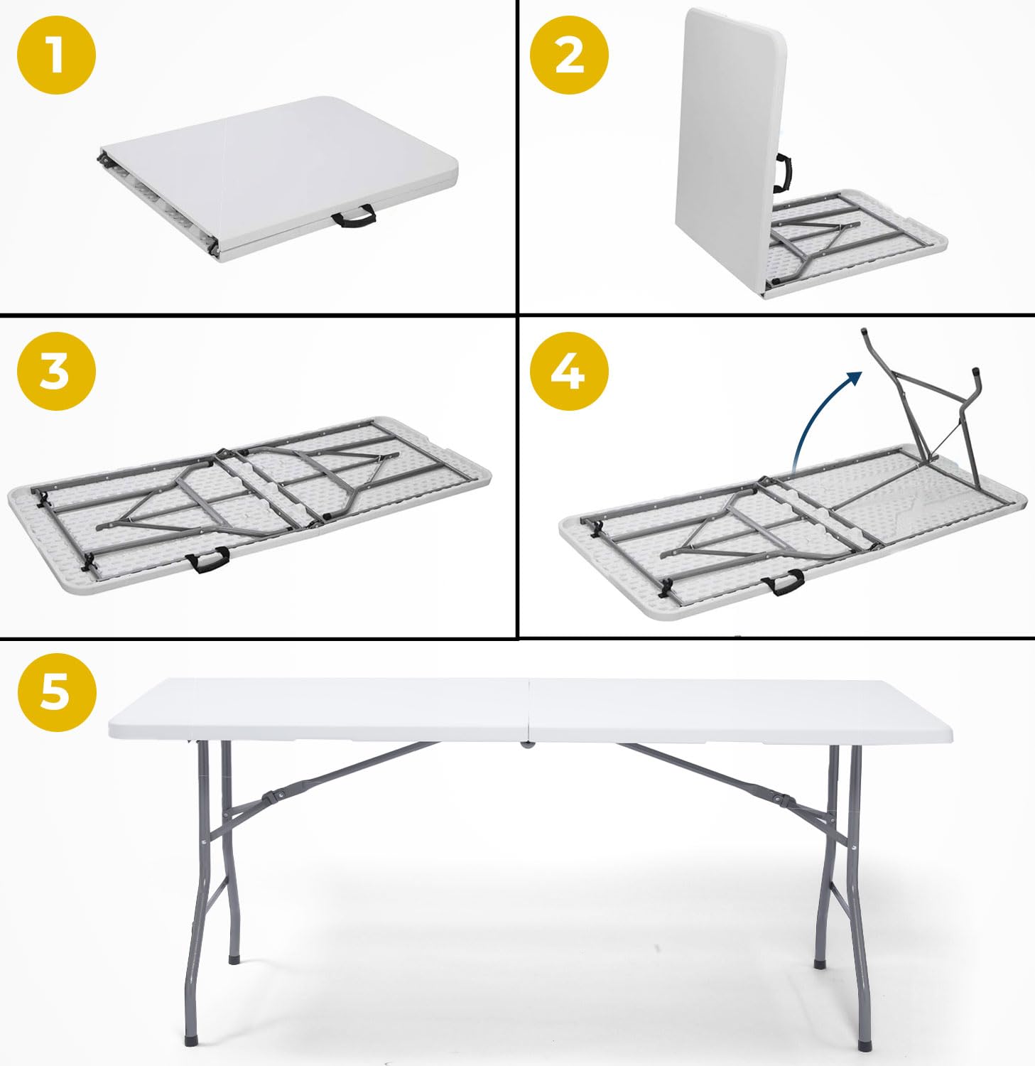 Heavy Duty Plastic Folding Table - Indoor/Outdoor Multipurpose Utility Table with Steel Legs & Handle for Camping, Picnic, Dining, Party - Portable Fold-in-Half Design Perfect for Backyard BBQs, Tailgating & Home Events