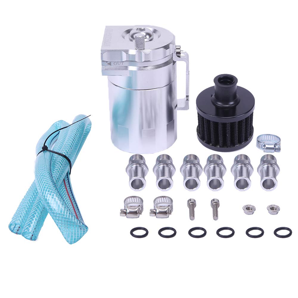 MOTORHOT Universal Baffled Oil Catch Can with Air Filter Kit - 300ML Double Hole Tank (Silver) - Reduces Engine Sludge & Improves Performance - Perfect for Cars, Trucks & Off-Road Vehicles