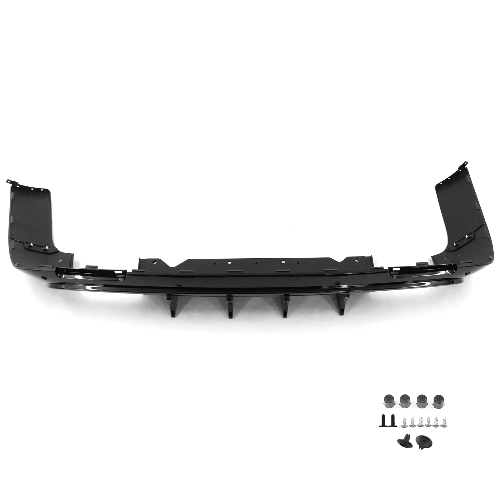 IKON MOTORSPORTS Rear Diffuser for 2015-2023 Dodge Challenger | V4 Style Gloss Black PP Bumper Lip Spoiler with Shark Fins | Enhances Aerodynamics & Sporty Look | Perfect for Car Enthusiasts & Street Racing
