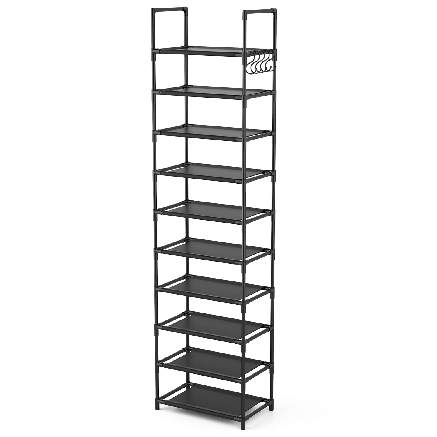 10-Tier Tall Shoe Rack for 20-25 Pairs | Sturdy Narrow Boot Organizer with Hooks | Space-Saving Entryway & Closet Storage Shelf (Black) | Perfect for Small Apartments, Dorm Rooms & Mudroom Organization