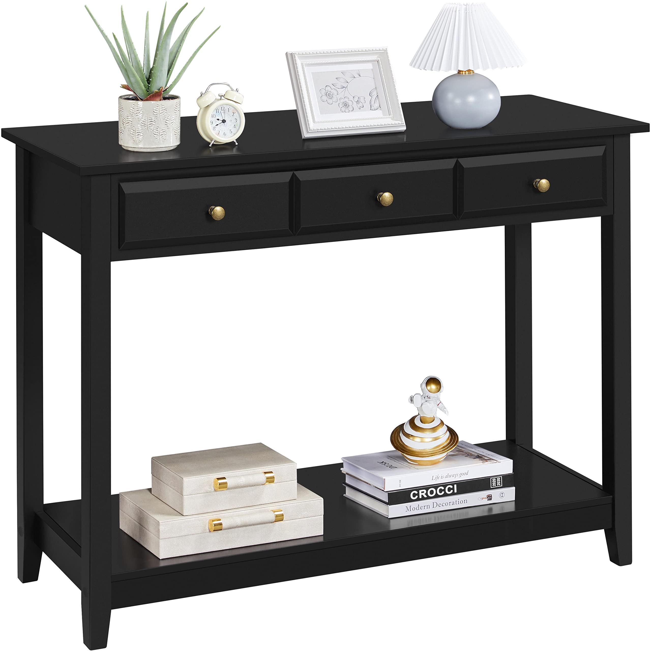 Yaheetech 3-Drawer Wooden Console Table with Storage Shelf - Narrow Long Entryway Sofa Table for Living Room, Hallway, Foyer - Perfect for Small Spaces & Home Organization (Black)