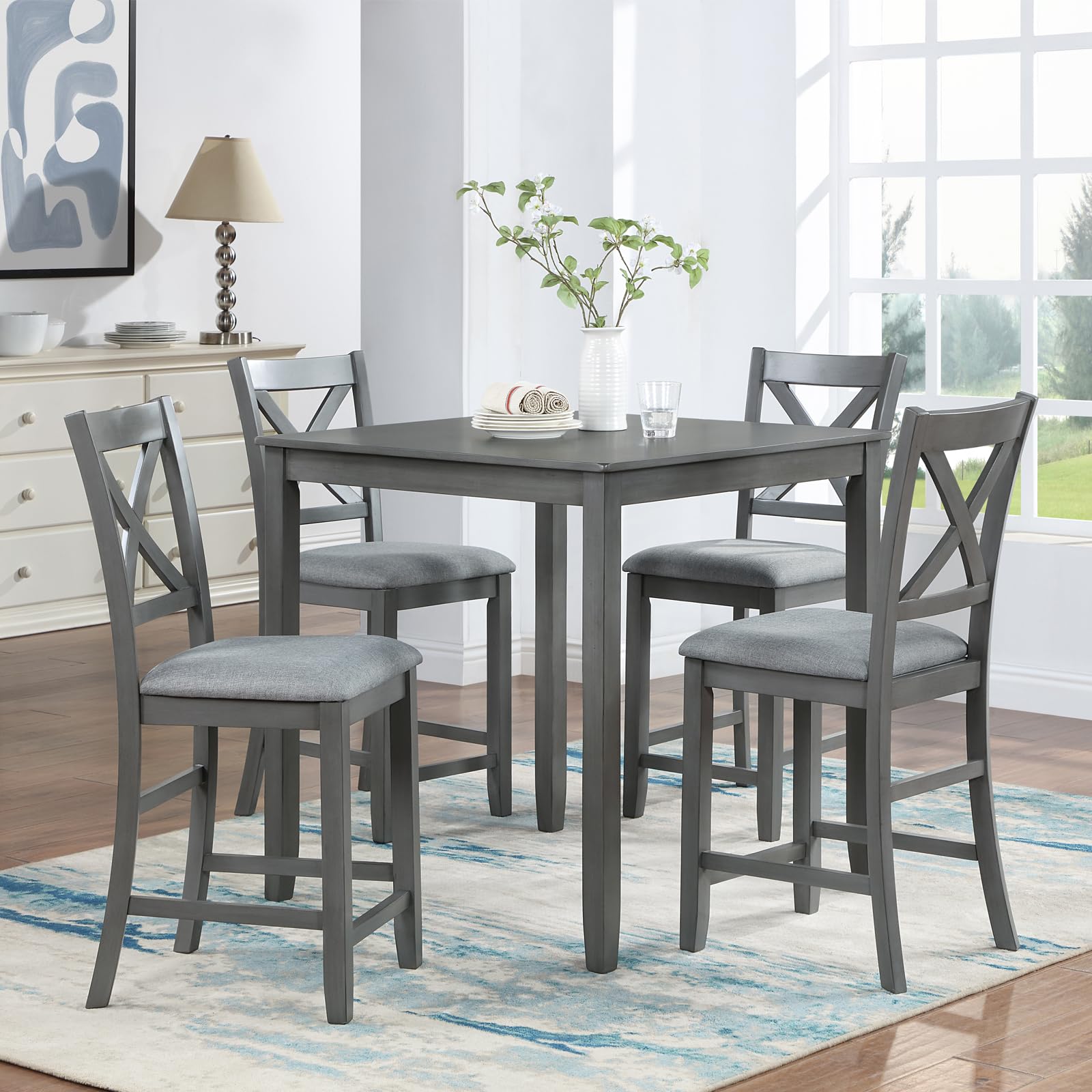 5-Piece Counter Height Dining Table Set for 4 - Farmhouse Style Wood Kitchen Table with 4 Upholstered Chairs - Grey - Perfect for Small Kitchens, Breakfast Nooks & Cozy Dining Rooms