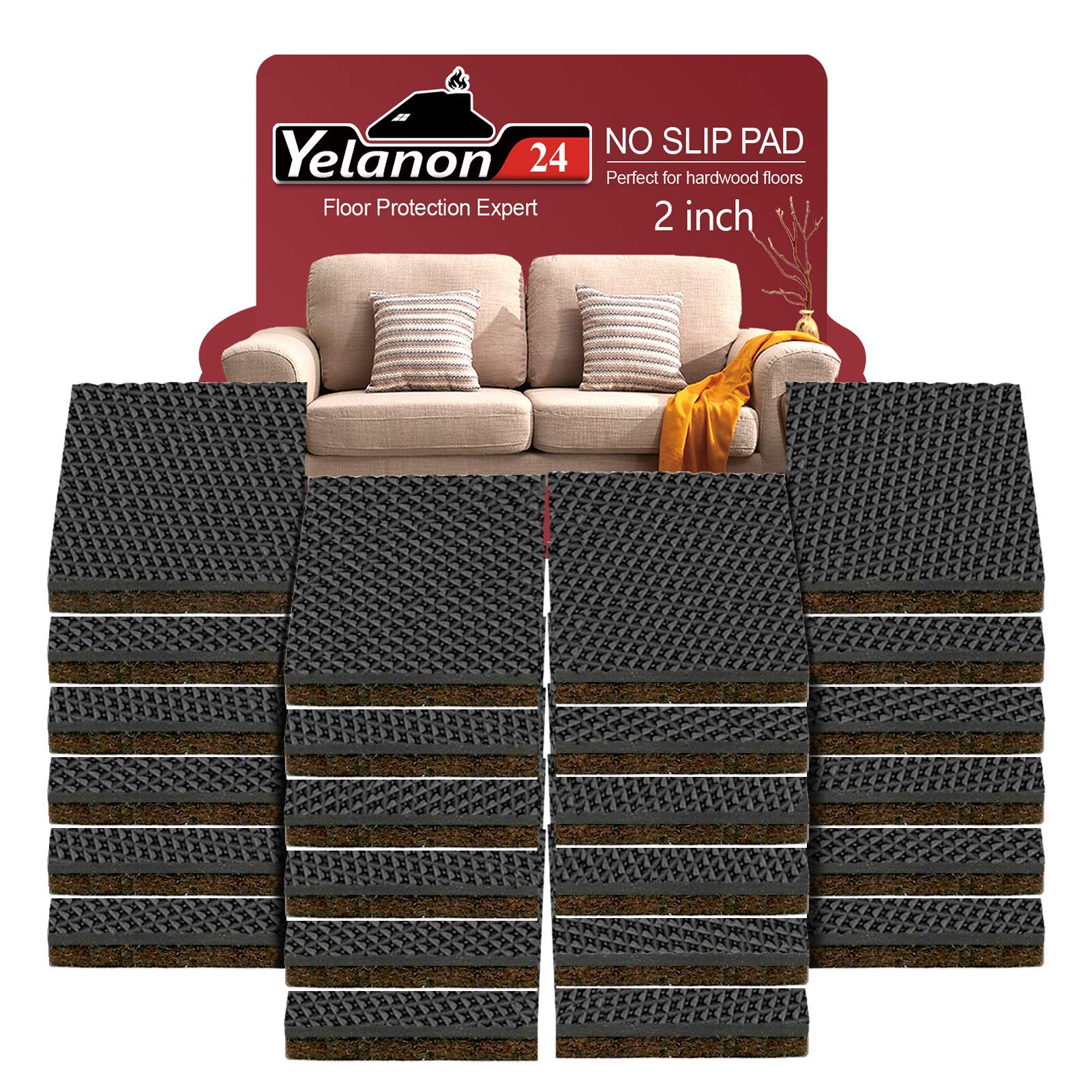 Yelanon Non Slip Furniture Pads - 24 Pack 2-Inch Self Adhesive Rubber Grippers for Hardwood Floors, Anti-Slide Furniture Leg Protectors for Couches, Chairs, Tables - Protect Floors & Reduce Noise (Home & Office Use)