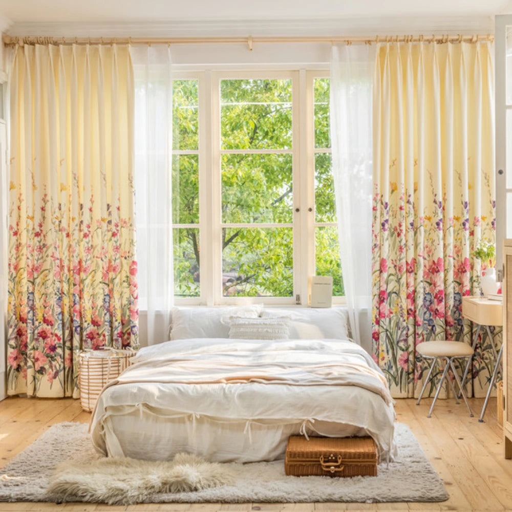 Freyja French Peach Blossom Botanical Print Custom Privacy Curtains - Elegant Window Treatment for Bedroom, Living Room & Nursery