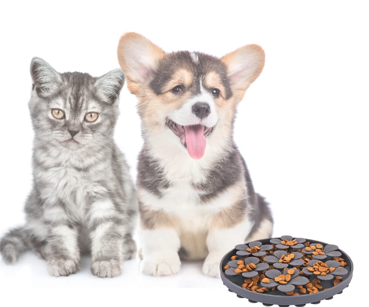Slow Feeder Cat Dog Bowl - Flower Shaped Silicone Rubber Pet Food Dish to Reduce Eating Speed for Puppy, Kitten & Adult Pets - Perfect for Fast Eaters & Mealtime Enrichment