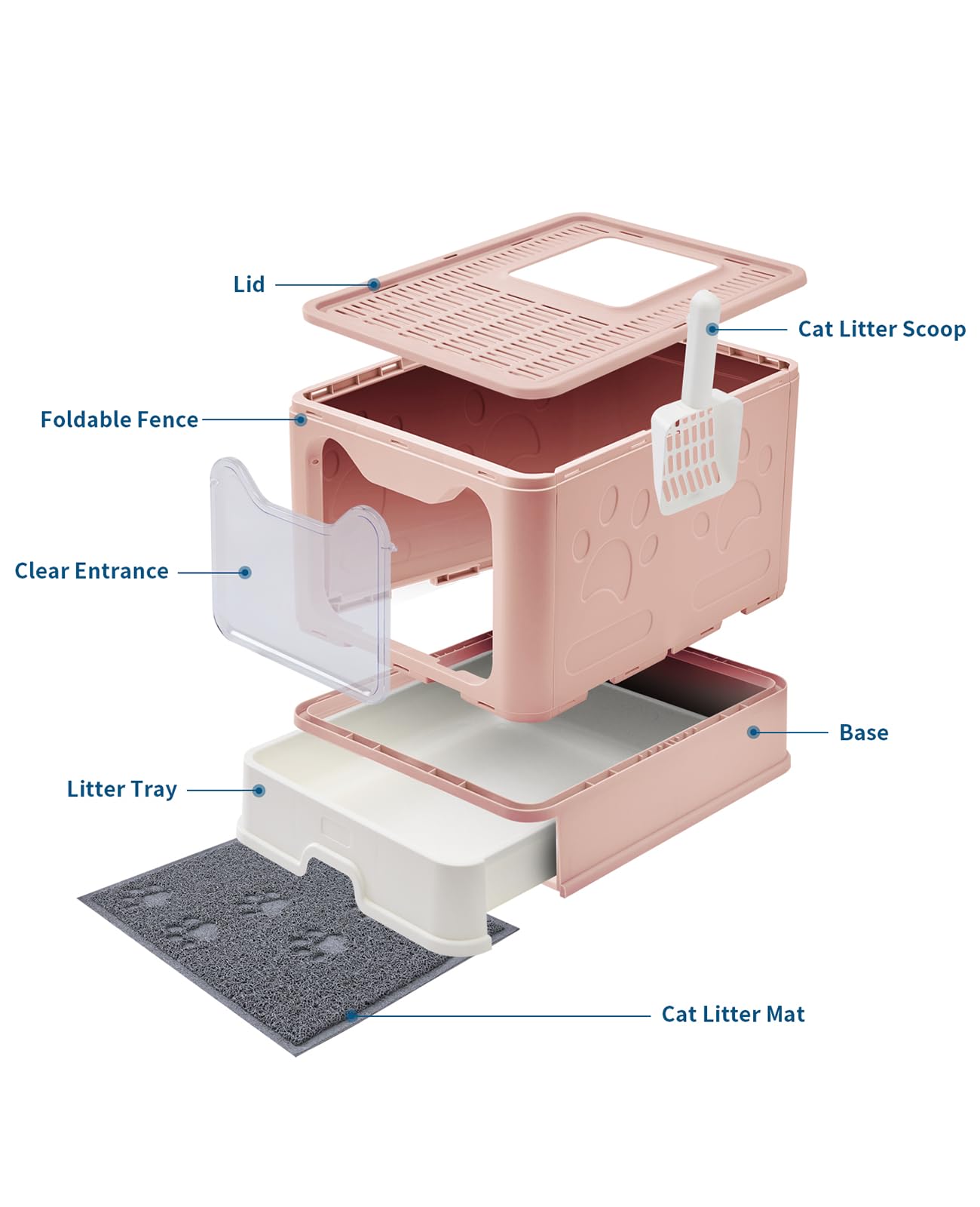 Foldable Cat Litter Box with Lid - Large Covered Litter Box with Scoop & Litter Mat - Odor Control & Easy Clean Front Entry Top Exit Kitty Litter Box (Pink) - Perfect for Small Spaces & Multi-Cat Homes