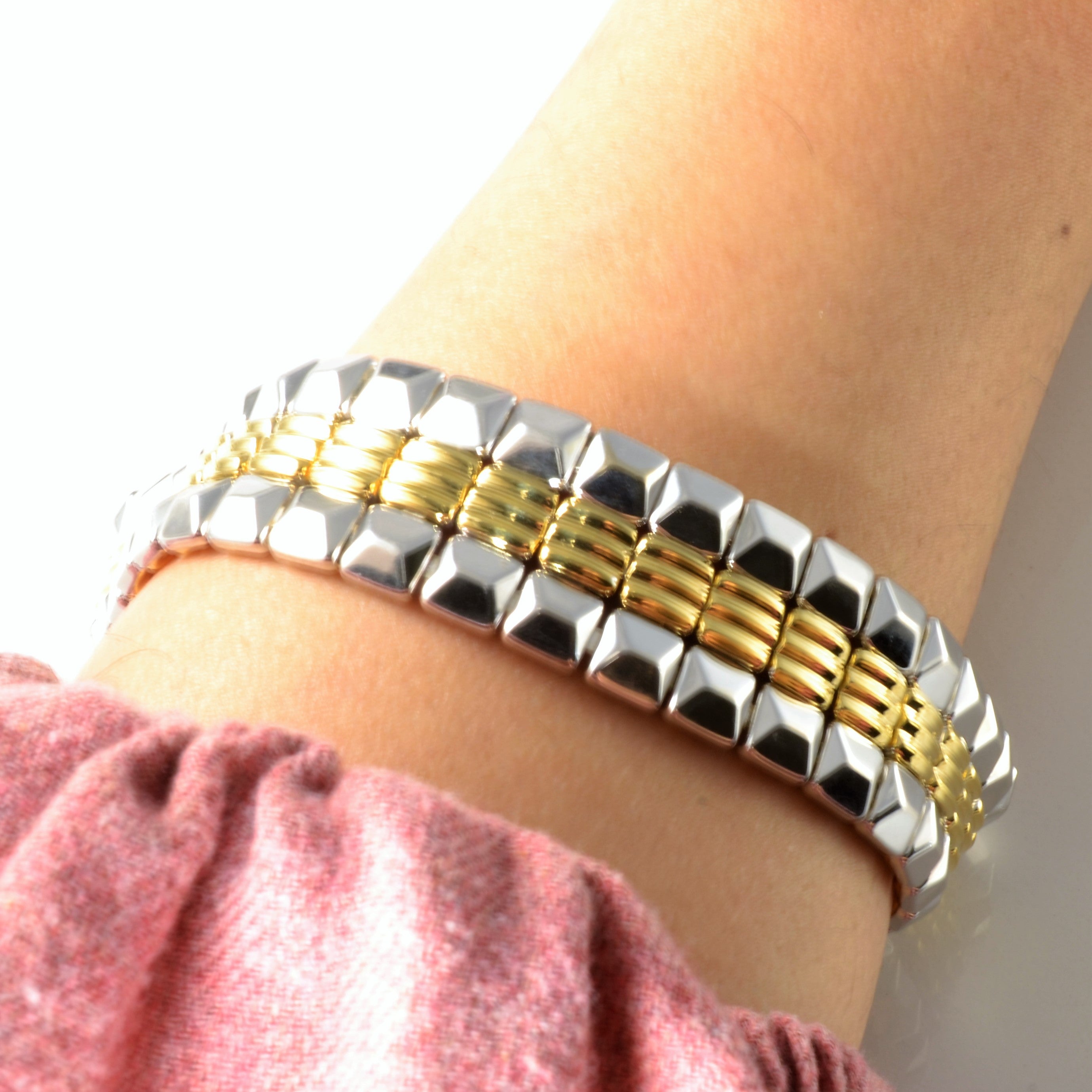 Chimento Two Tone Gold Textured Chain Bracelet | 0.10ctw Diamond Accents | 7.5 Inch Adjustable | Elegant Jewelry for Women, Perfect for Parties, Weddings & Everyday Wear
