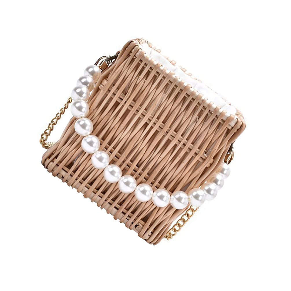 Bestoyard Elegant Pearl Woven Straw Handbag - Square Crossbody Purse with Chain Strap, Boho Messenger Bag & Toiletry Organizer for Women | Perfect for Beach Outings, Date Nights & Travel Accessories