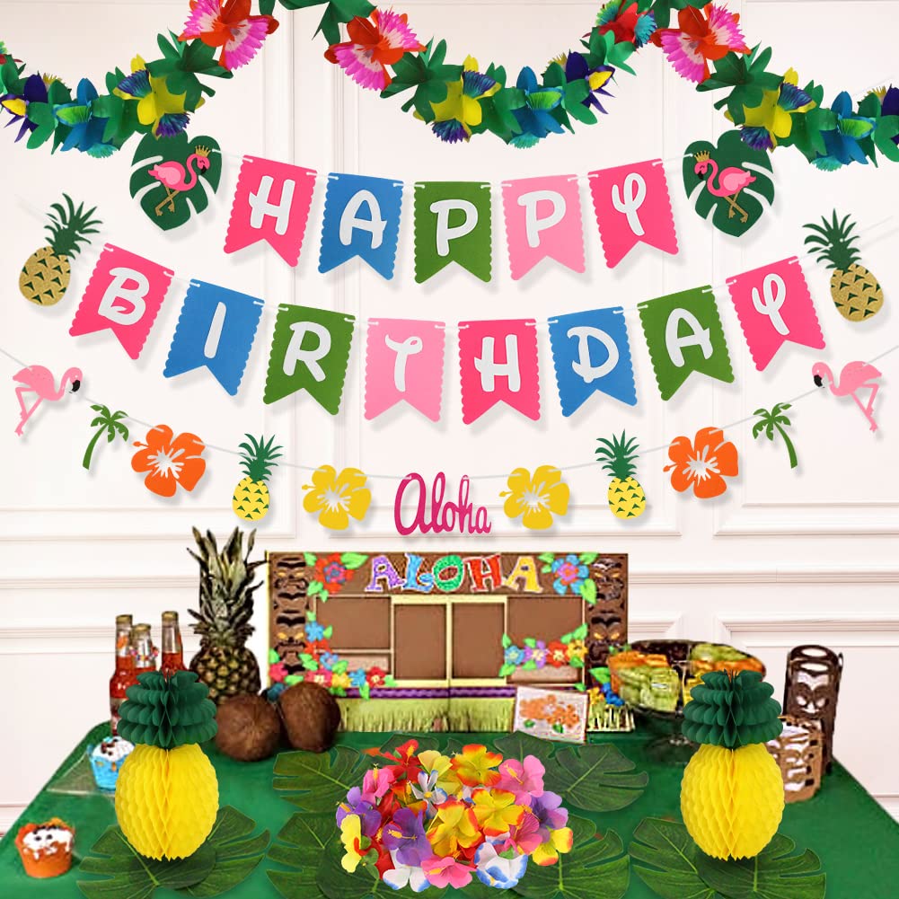 Luau Party Decorations Kit - Hawaiian Birthday Banner, Palm Leaves, Hibiscus Flowers, Paper Pineapples & Tropical Garland for Summer Beach, Moana or Tropical Theme Party Decorations | Perfect for Luau Birthday, Hawaiian Themed Events & Beach Weddings