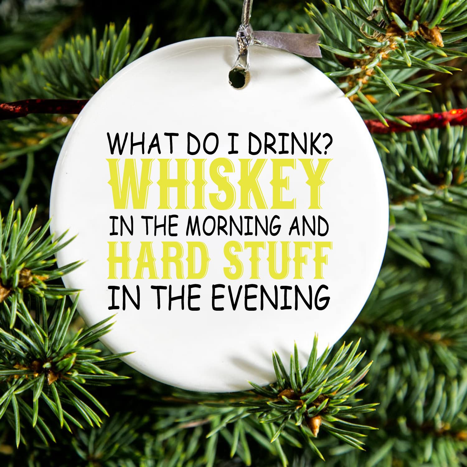 DistinctInk Hanging Ceramic Christmas Tree Ornament with Gold String - Elegant Holiday Decoration for Christmas Tree, Home & Office - Perfect Gift for Family & Friends - 2.75 Inch Diameter - Whiskey Themed Design for Morning & Evening Celebrations