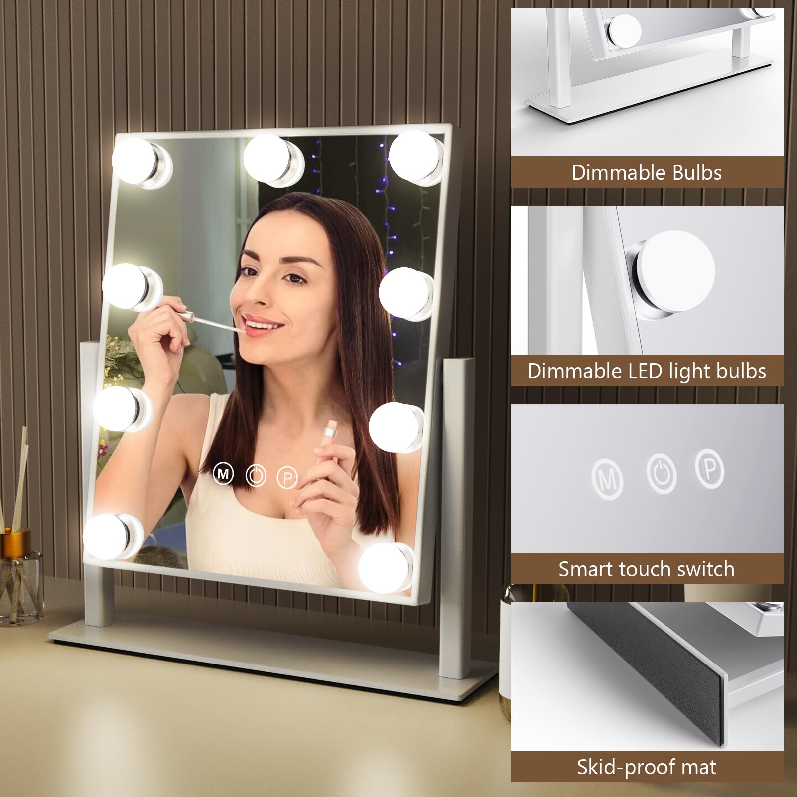 Hollywood LED Vanity Mirror with Touch Control - 9 Lights, 3 Colors for Makeup & Dressing Room