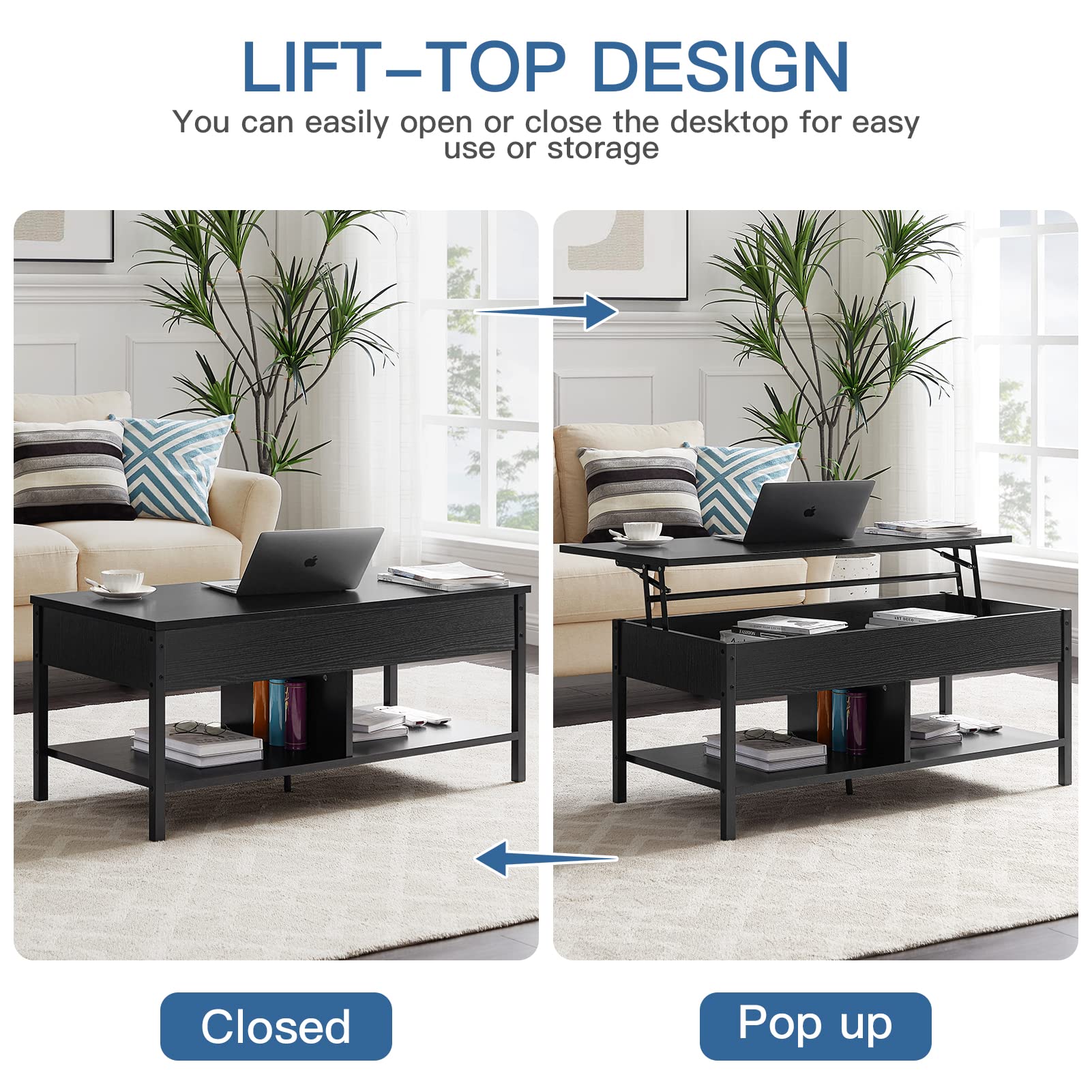 Modern Lift-Top Coffee Table with Storage & Lower Shelf - Sofa Table for Living Room, Black & White Wooden Design - Perfect for Small Spaces, Home Office & Apartment Decor