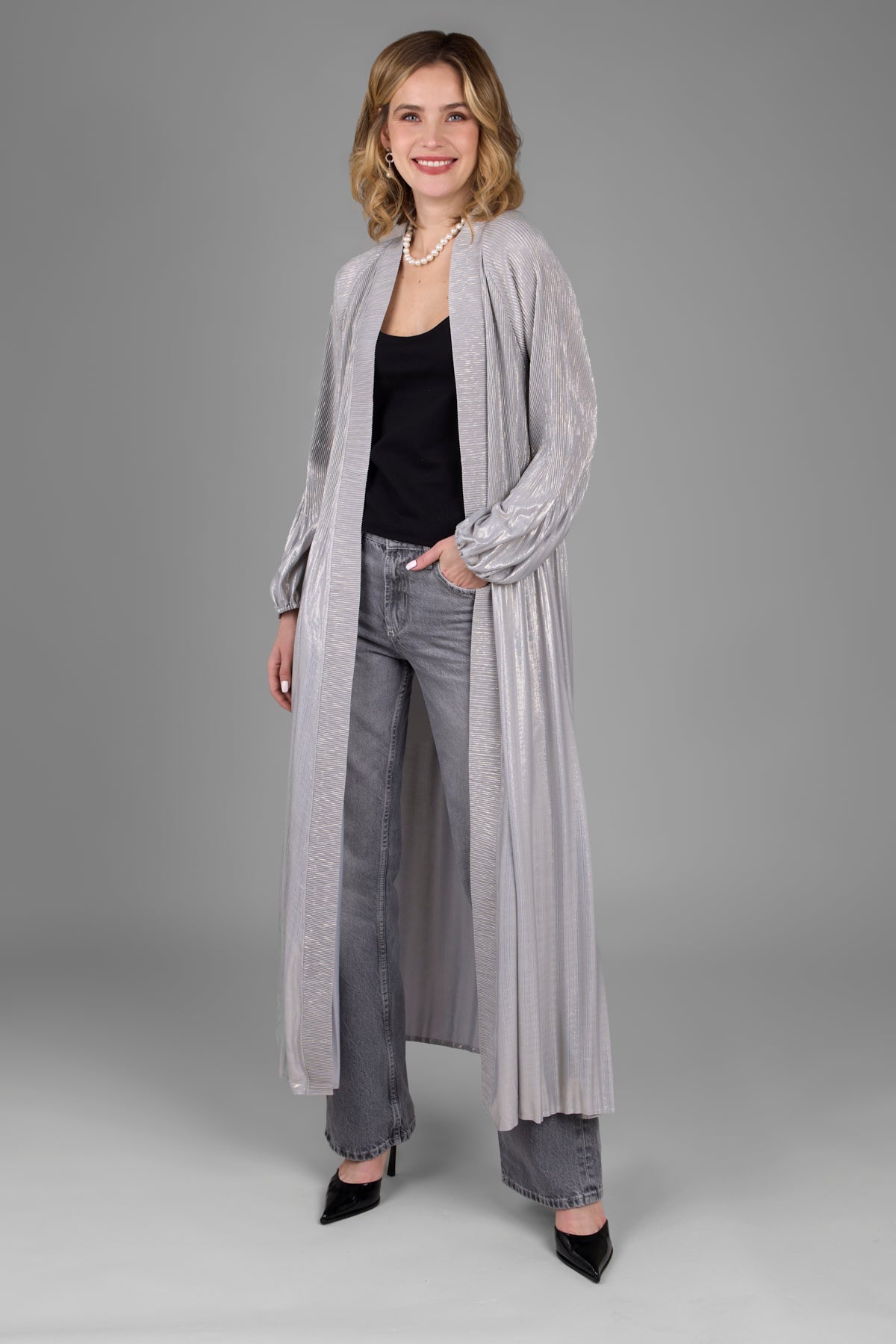 Elegant Metallic Pleated Duster Coat for Women - Shiny Long Trench Coat with Belt - Perfect for Office, Evening Parties & Special Occasions