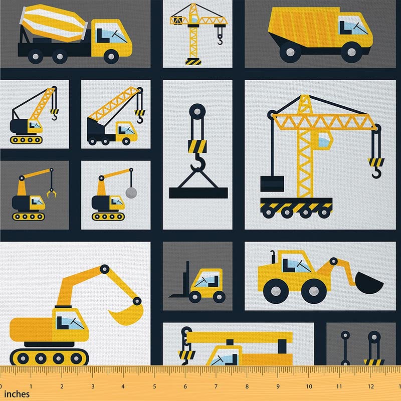 **Heavy-Duty Excavator Upholstery Fabric by The Yard - Construction Truck & Equipment Pattern for DIY Chairs, Sofas, Home Decor - Kids Cartoon Design, Durable Yellow Gray Grid Fabric (10 Yards) - Perfect for Playroom Decor, Boys' Bedroom, and Construction-Themed DIY Projects**