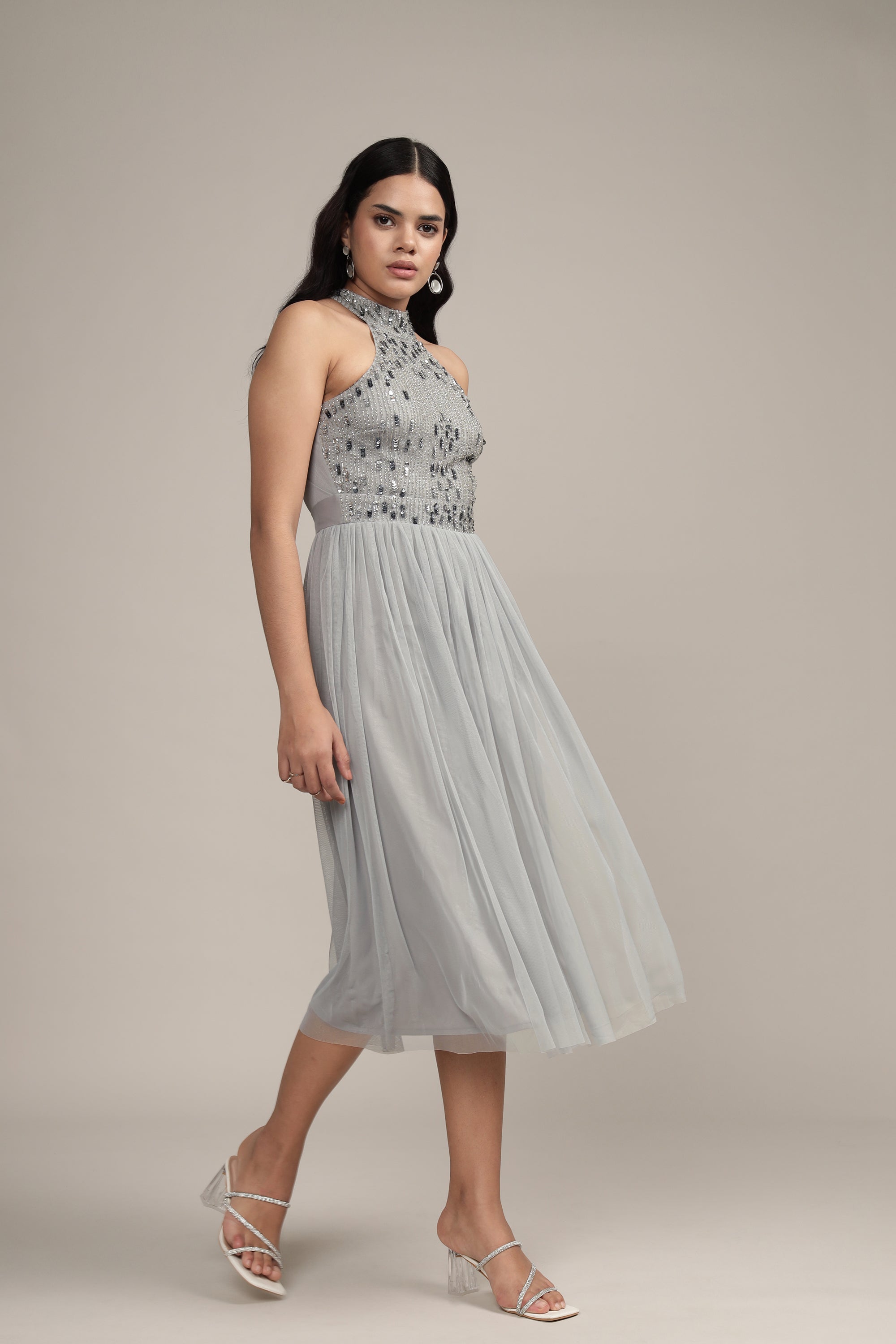Jessa Midi Dress in Grey - Elegant Women's Casual & Party Dress for Work, Date Night & Special Occasions