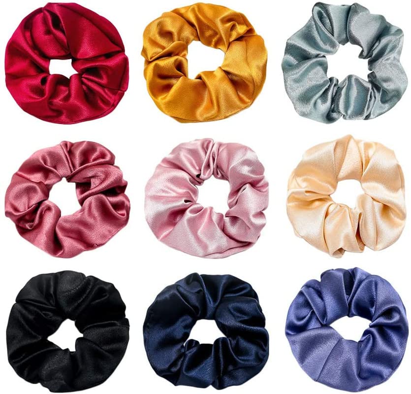 BELICIA 9-Piece Satin Hair Scrunchies Set - Soft Elastic Hair Ties for Women & Teen Girls - Ponytail Holders for Everyday, Workout & Sleep (Color 1)