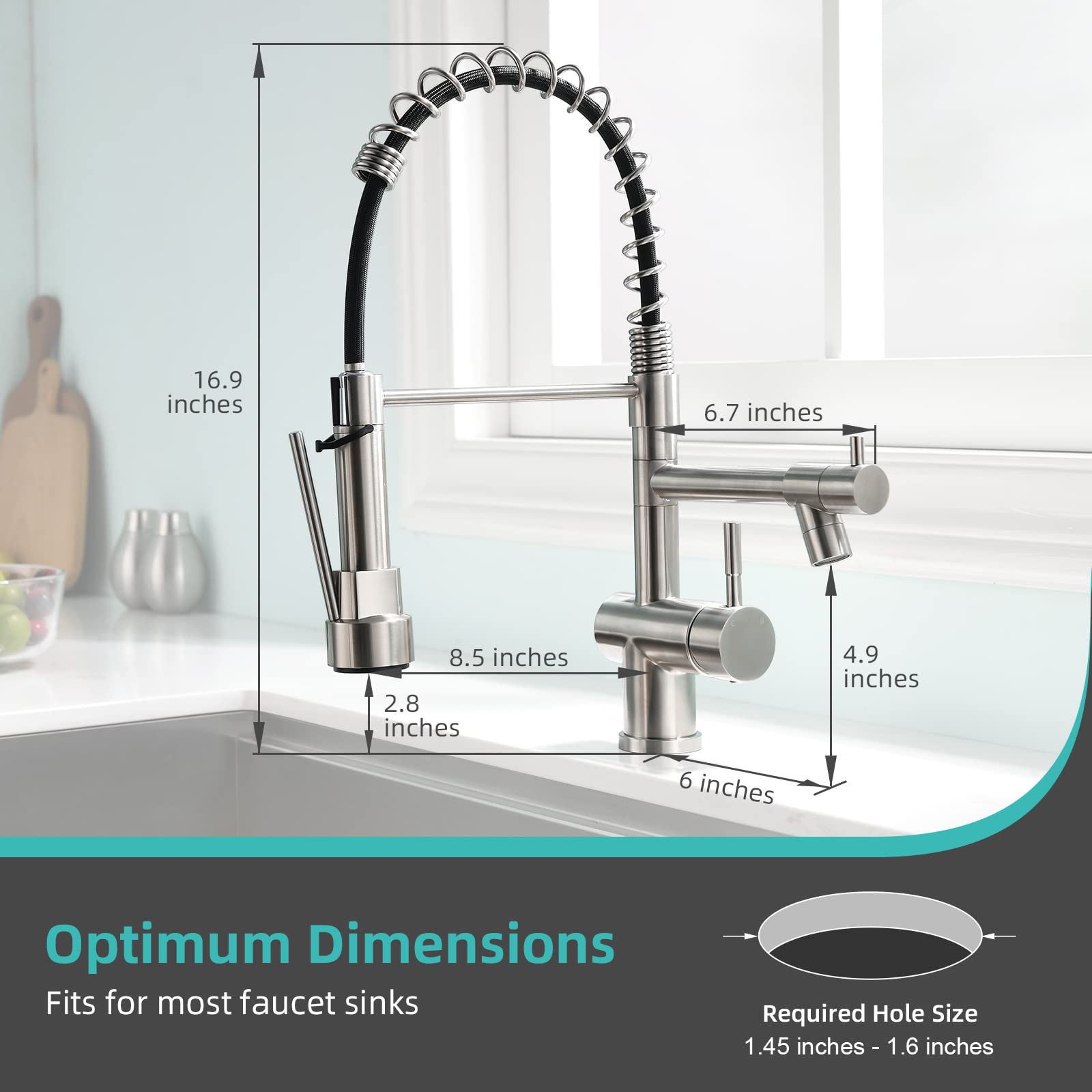 Commercial Kitchen Faucet with Pull Down Sprayer - Brushed Nickel High Arc Stainless Steel Sink Faucet, 1 or 3 Hole Installation, Spring Single Handle Design - Perfect for Restaurants, Bars & Home Kitchens