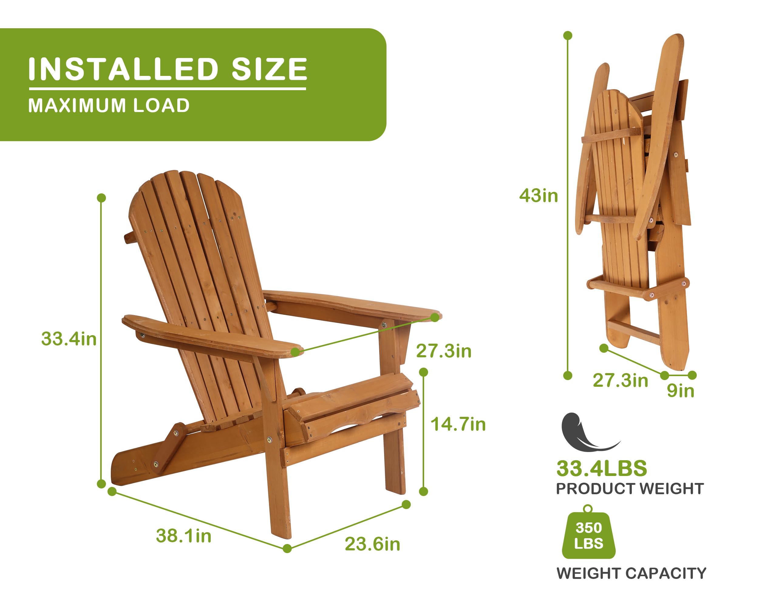 Solid Wood Folding Adirondack Chairs Set - 250 Lbs Weight Capacity, All-Weather Outdoor Lawn & Garden Chairs with Wide Armrests - Easy to Assemble Fire Pit Seating for Patio, Backyard & Poolside Relaxation