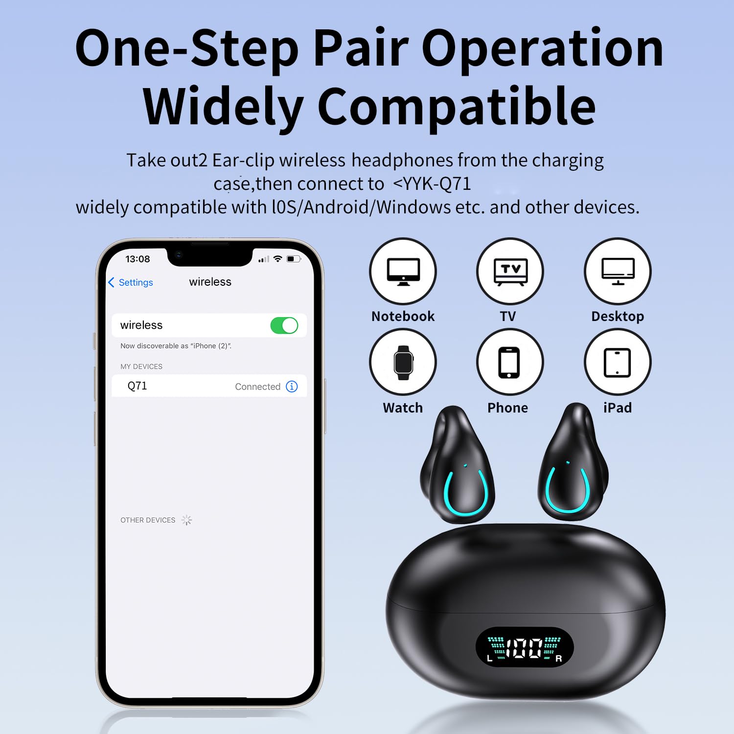 Open Ear Clip Wireless Earbuds Bluetooth 5.3 - Sports Headphones with Built-in Mic, Earhooks & Wireless Charging Case, IPX5 Waterproof for Running, Gym & Outdoor Activities