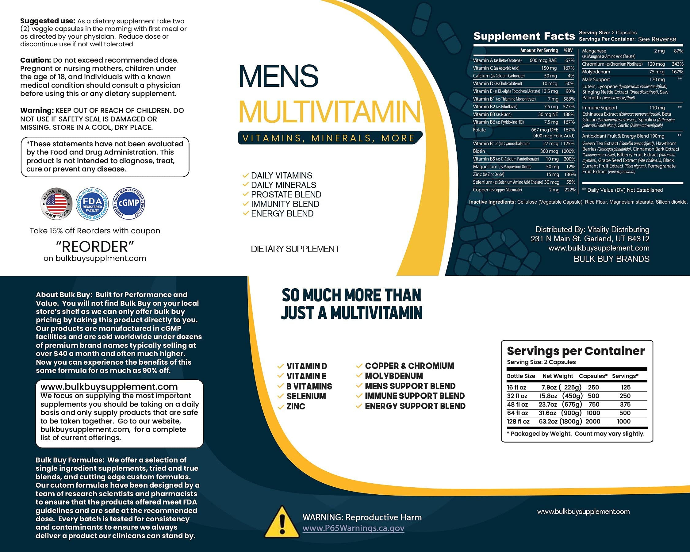 Daily Multivitamin & Men's Health Supplement - 2000 Capsules with Essential Vitamins, Minerals, Antioxidants & Energy Boost | Clear Square Grip Jar | Supports Immune System, Heart Health & Vitality for Active Men