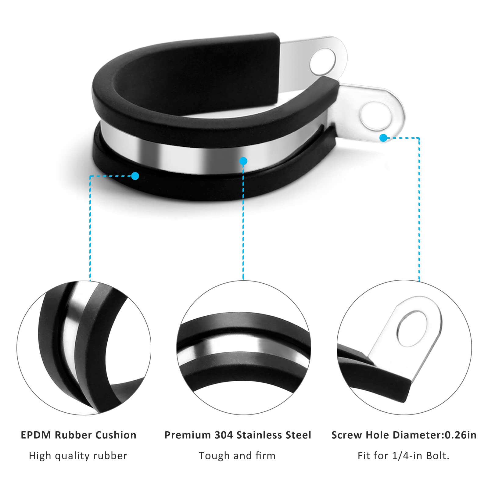 25 Pack 1/4 Inch Stainless Steel Cable Clamps - Heavy Duty Metal Pipe Clamps with Rubber Cushion for Secure Tube, Conduit & Wire Loom Installation - Perfect for Electrical Wiring, Plumbing & Automotive Applications