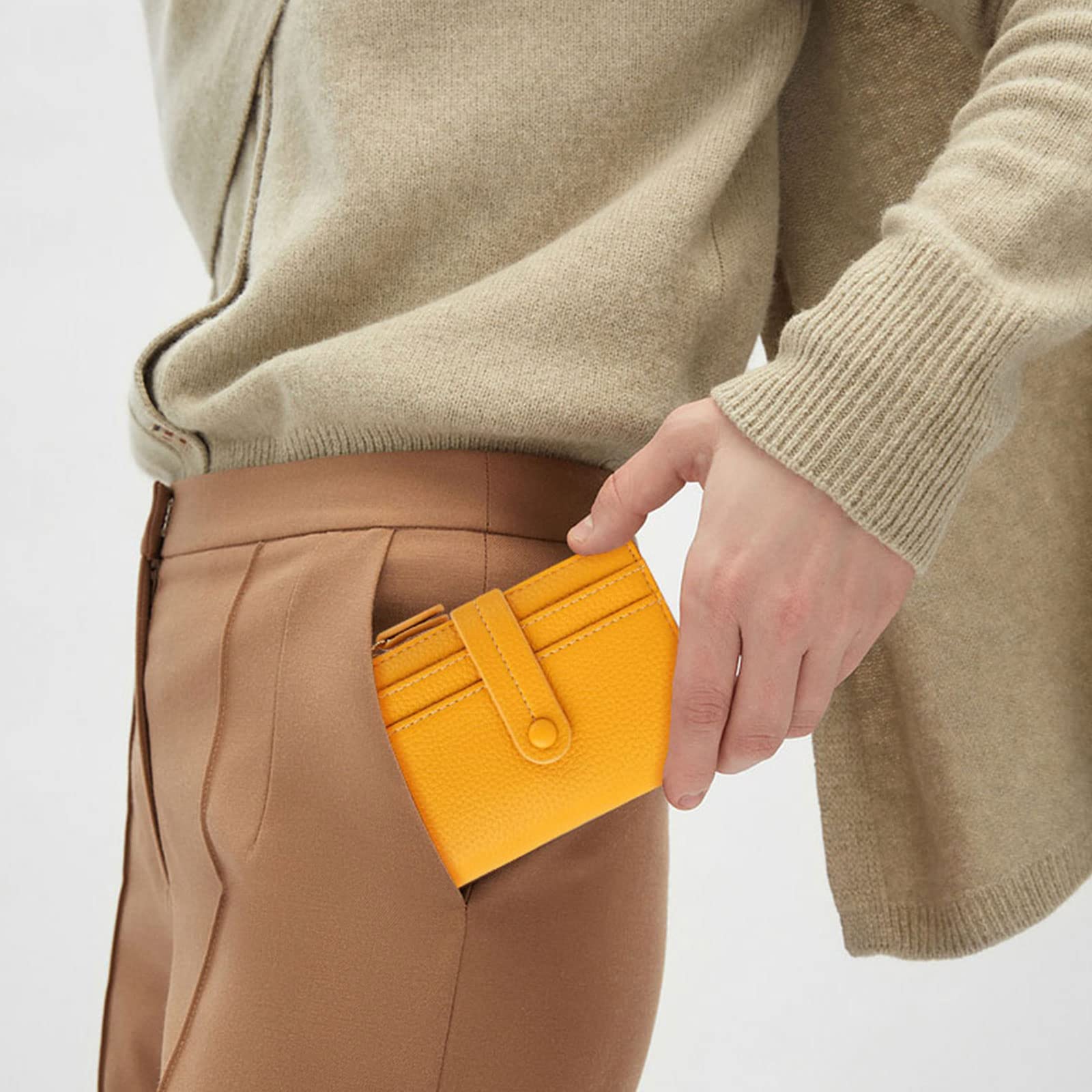 HKCLUF RFID Blocking Leather Wallet for Women - Bifold Zipper Coin Purse with ID Window (Yellow) | Perfect for Travel & Daily Use