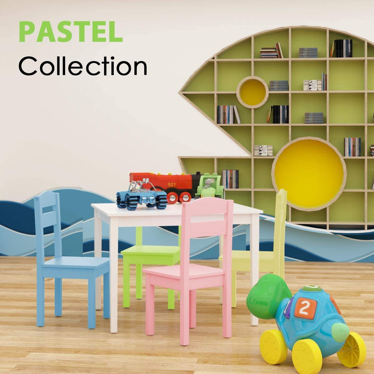 LDAILY Moccha 5-Piece Kids Wooden Table and Chair Set - Colorful Children's Dining Table with 4 Sturdy Backrest Chairs - Perfect for Playroom, Learning Activities, Indoor Picnic & Toddler Mealtime