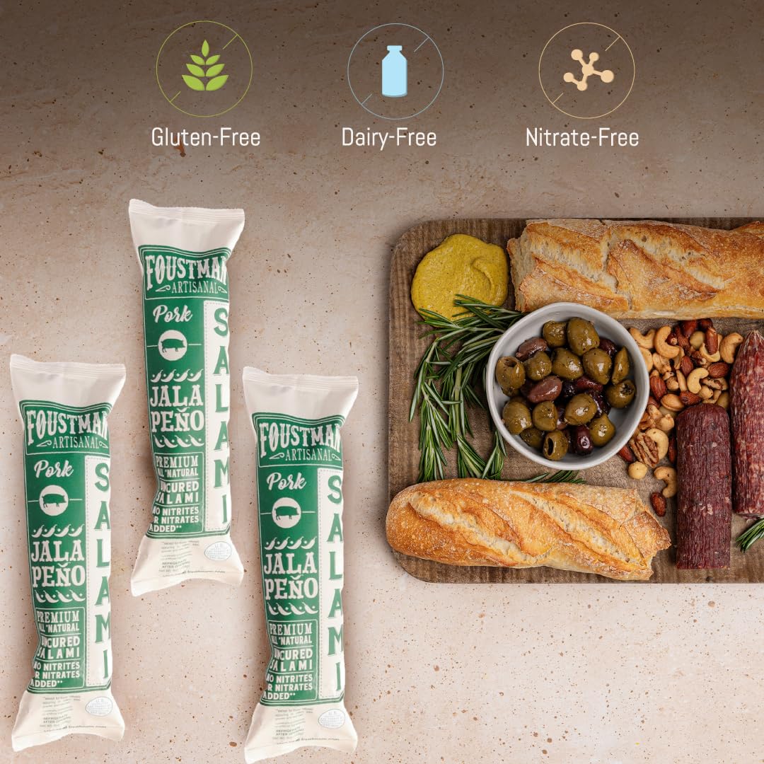 Foustman's Artisanal Jalapeno Pork Salami - Nitrate-Free, Naturally Cured, Gluten & Dairy Free Lunch Meat (8 Oz) - Perfect for Charcuterie Boards, Sandwiches & Keto Snacks