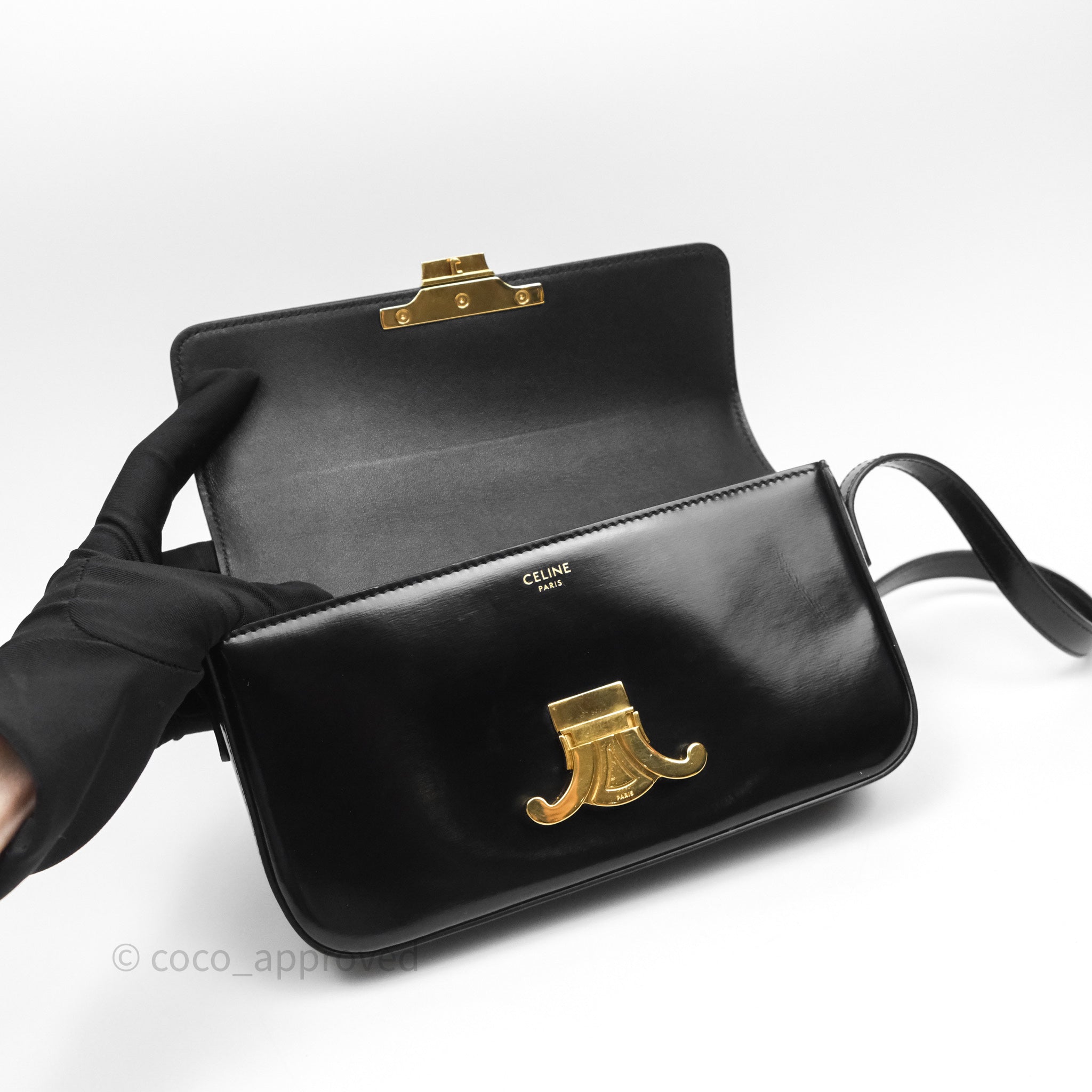 Celine Triomphe Shoulder Bag for Women - Black Shiny Calfskin Leather Crossbody Purse | Perfect for Work, Travel & Evening Events