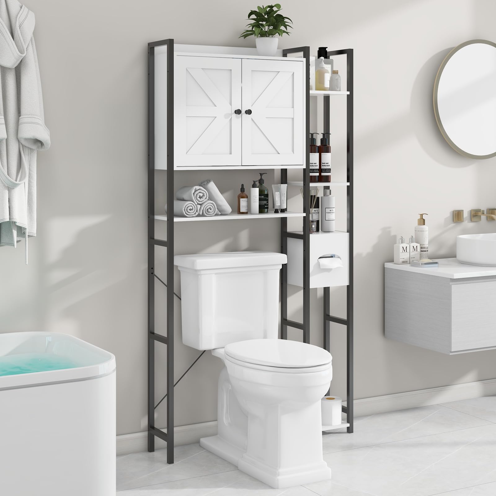 Over The Toilet Storage Cabinet with 2 Doors & Multi-Layer Shelves - White Bathroom Organizer for Toilet Paper, Towels & Essentials - Perfect for Small Spaces, Laundry Rooms & Apartment Bathrooms