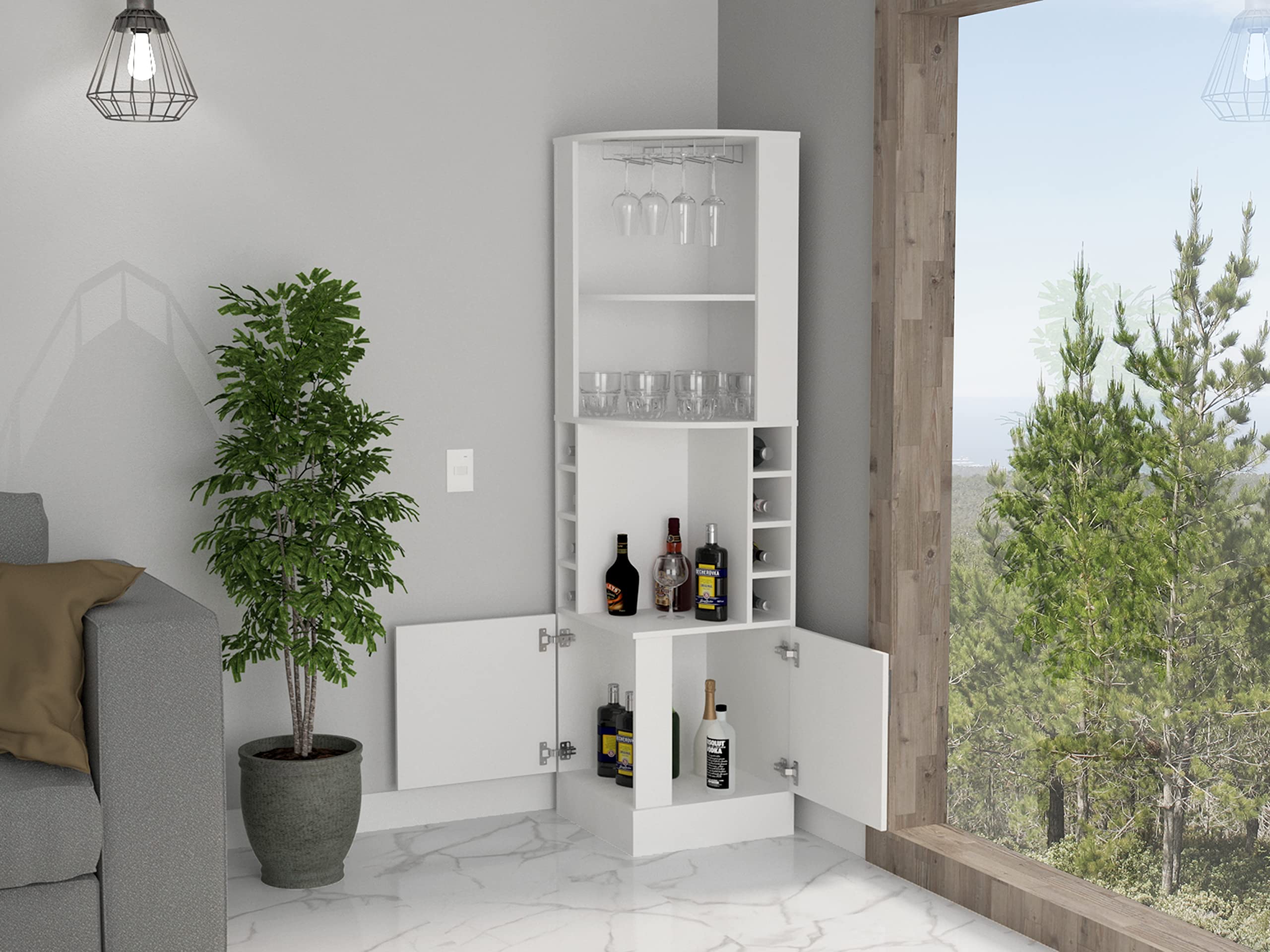 White Seattle Corner Bar Cabinet with 3 Open Shelves, Glass Rack & 8 Bottle Storage - Modern Home Bar Furniture for Living Room, Dining Room or Man Cave