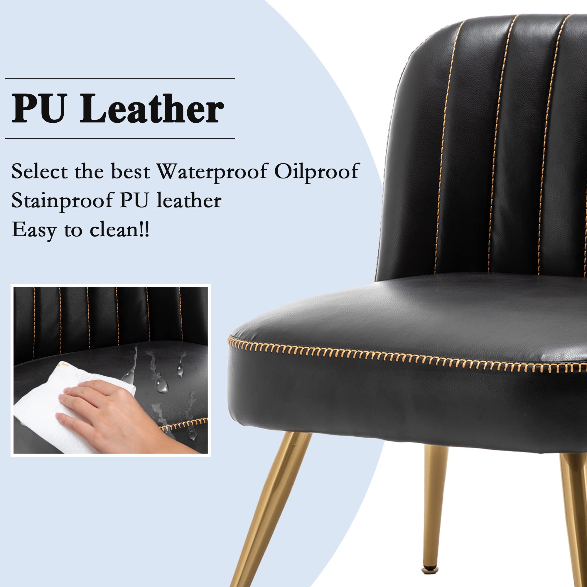 Andeworld 2-Piece Modern Accent Chair Set - Upholstered Leather Living Room Chairs, Elegant Armless Small Side Club Chairs with Golden Legs for Bedroom, Office or Lounge - Black