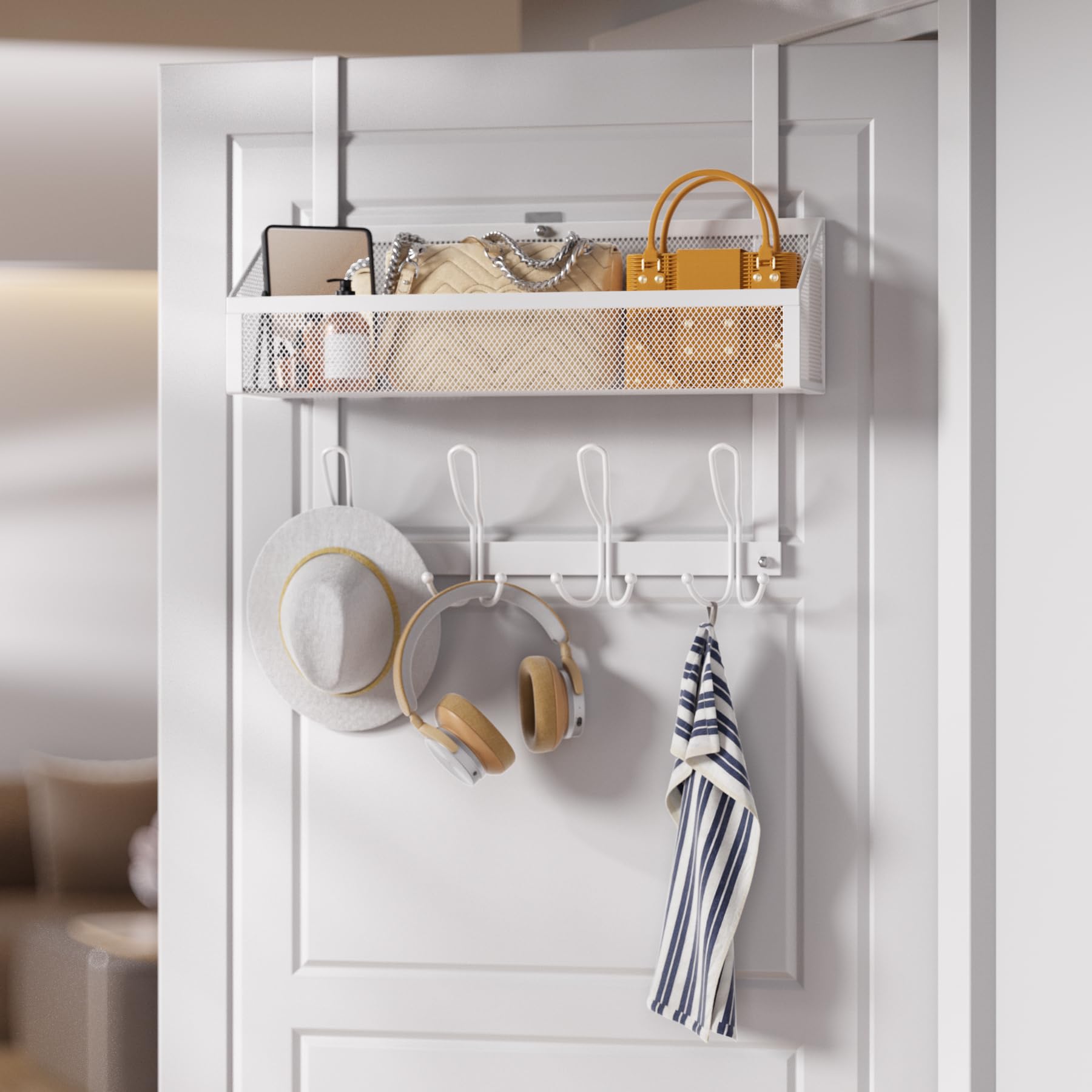 12-Pack Over The Door Hooks Organizer with Mesh Basket - Space Saving Storage Rack for Bedroom, Bathroom, Kitchen & Pantry - Perfect for Towels, Robes, Hats & Accessories (White)