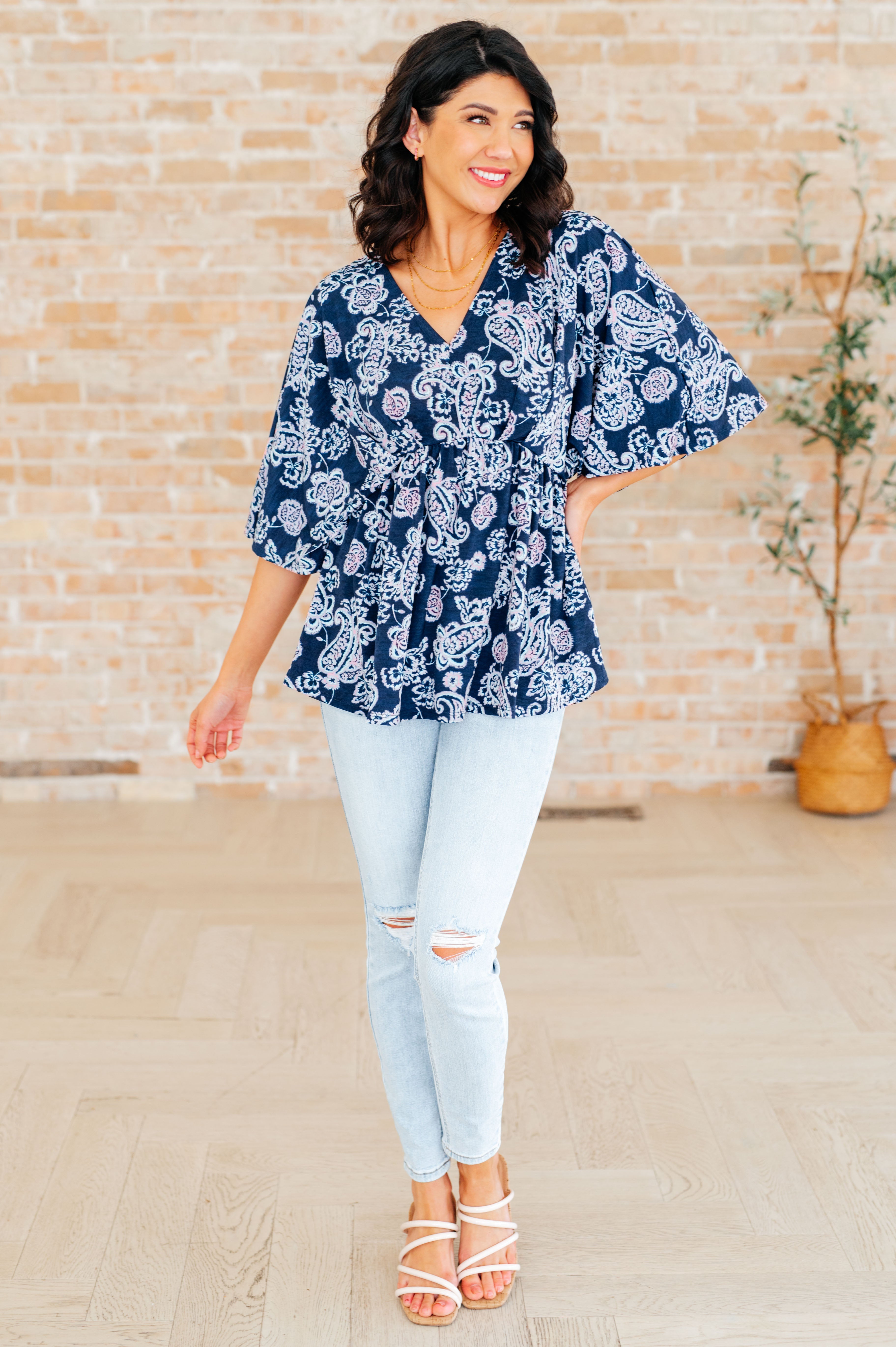 Dear Scarlett Navy and Pink Paisley Dreamer Peplum Top - Women's Floral Print Blouse for Casual Wear, Date Night & Office Outfits
