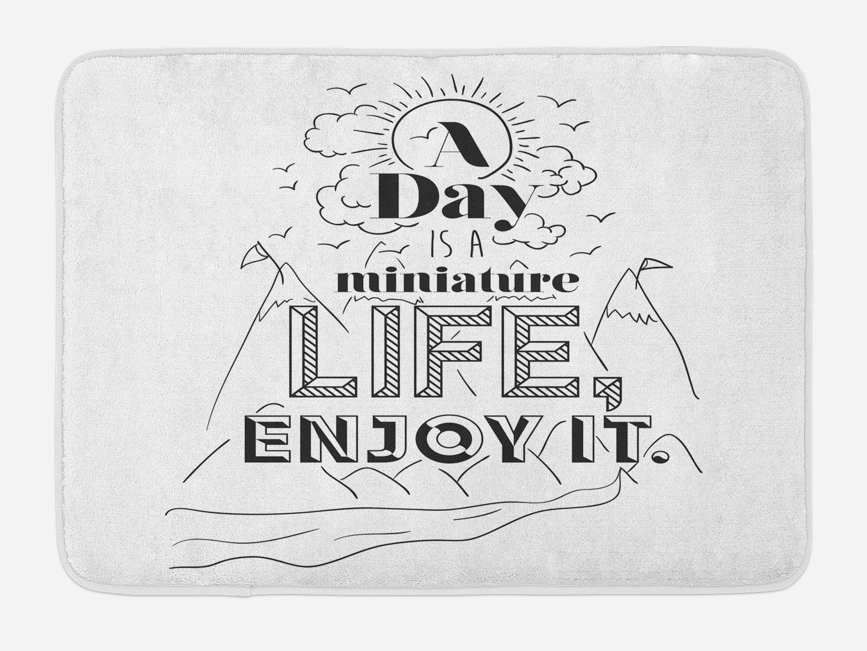 Ambesonne Inspirational Bath Mat with Positive Life Message - Hand Drawn Mountains, Clouds, River & Birds Design - Non-Slip Plush Bathroom Rug, 30.2 x 20 Inches, Charcoal Grey & White - Perfect for Spa-Like Bathroom Decor & Cozy Home Atmosphere