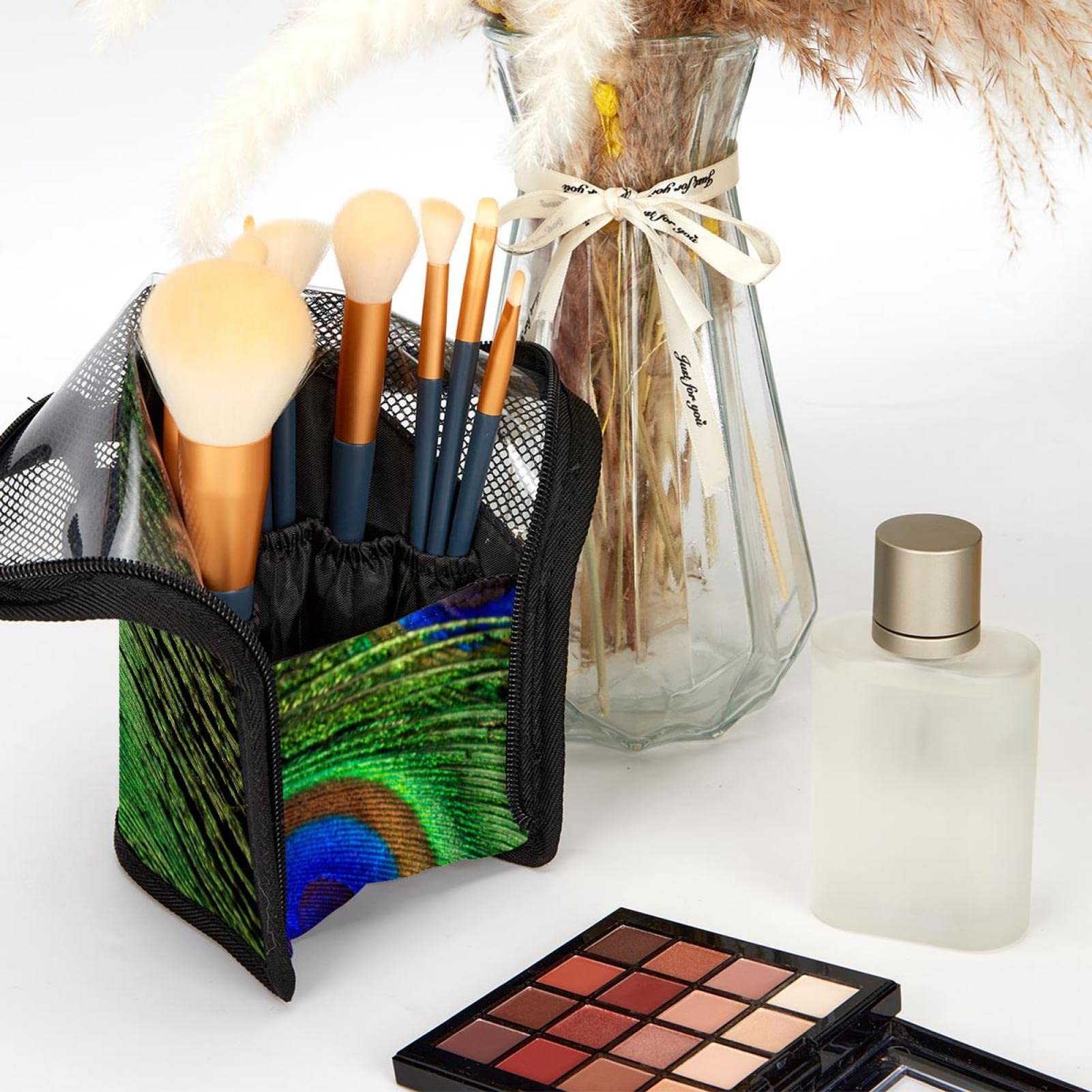 Peacock Feather Makeup Brush Organizer Bag with 12 Brushes - Portable Cosmetic Brush Holder Case for Travel, Home Vanity & Professional Makeup Artists