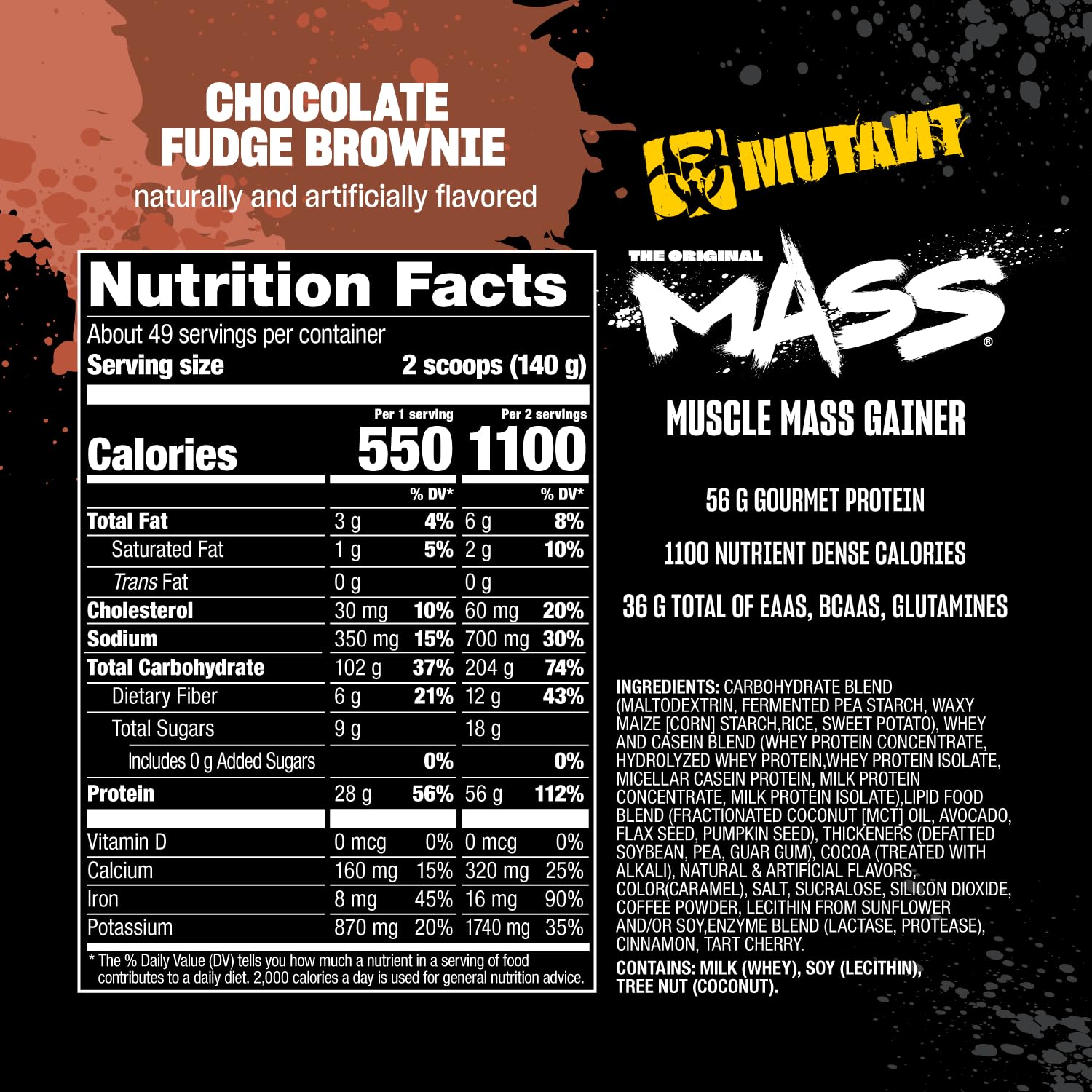 Mutant Mass Weight Gainer Protein Powder - 5lb High Calorie Muscle Building Supplement for Lean Mass & Bulking - Chocolate Fudge Brownie Flavor - Perfect for Post-Workout Recovery & Bodybuilding Nutrition
