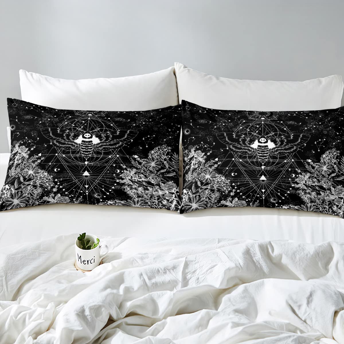 Celestial Death Moth Twin Sheet Set - Glitter Star Bohemian Bedding with Nebula Print | 3-Piece Hippie Style Fitted & Flat Sheets in Black & White | Perfect for Boho Bedroom Decor & Teen Girl's Dorm Room