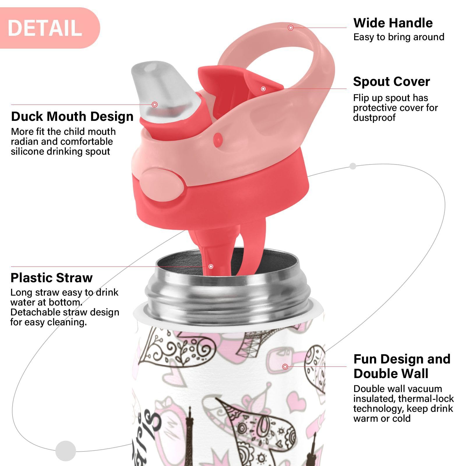 Paris Eiffel Tower Kids Water Bottle - 12oz Insulated Stainless Steel Thermos with Straw Lid, BPA-Free & Leakproof for Boys & Girls - Perfect for School, Travel & Outdoor Activities