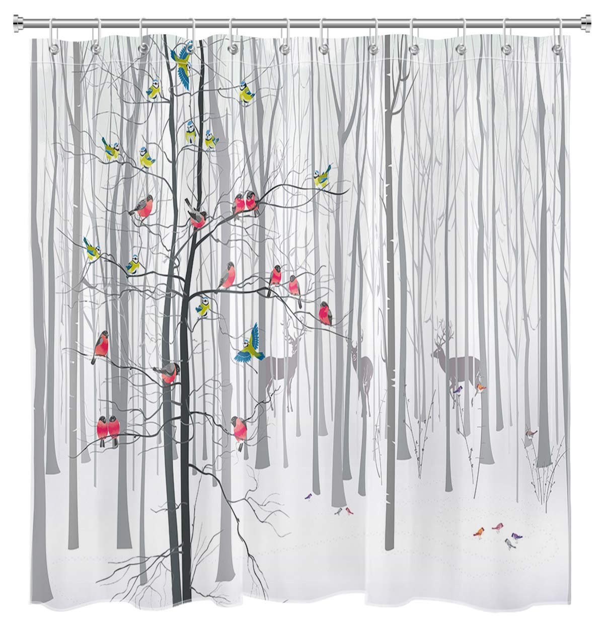 HVEST Winter Snow Forest Shower Curtain with Birds and Deer - 72x78 Inch Christmas Bathroom Decor for Cozy Winter Atmosphere - Perfect for Holiday Home Decor and Seasonal Bathroom Refresh