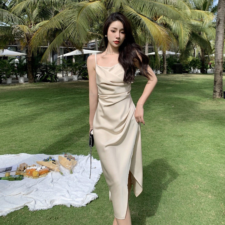 French Vintage Satin Long Slit Skirt with Spaghetti Straps - Elegant Evening Gown for Women | Perfect for Cocktail Parties, Date Nights & Formal Events
