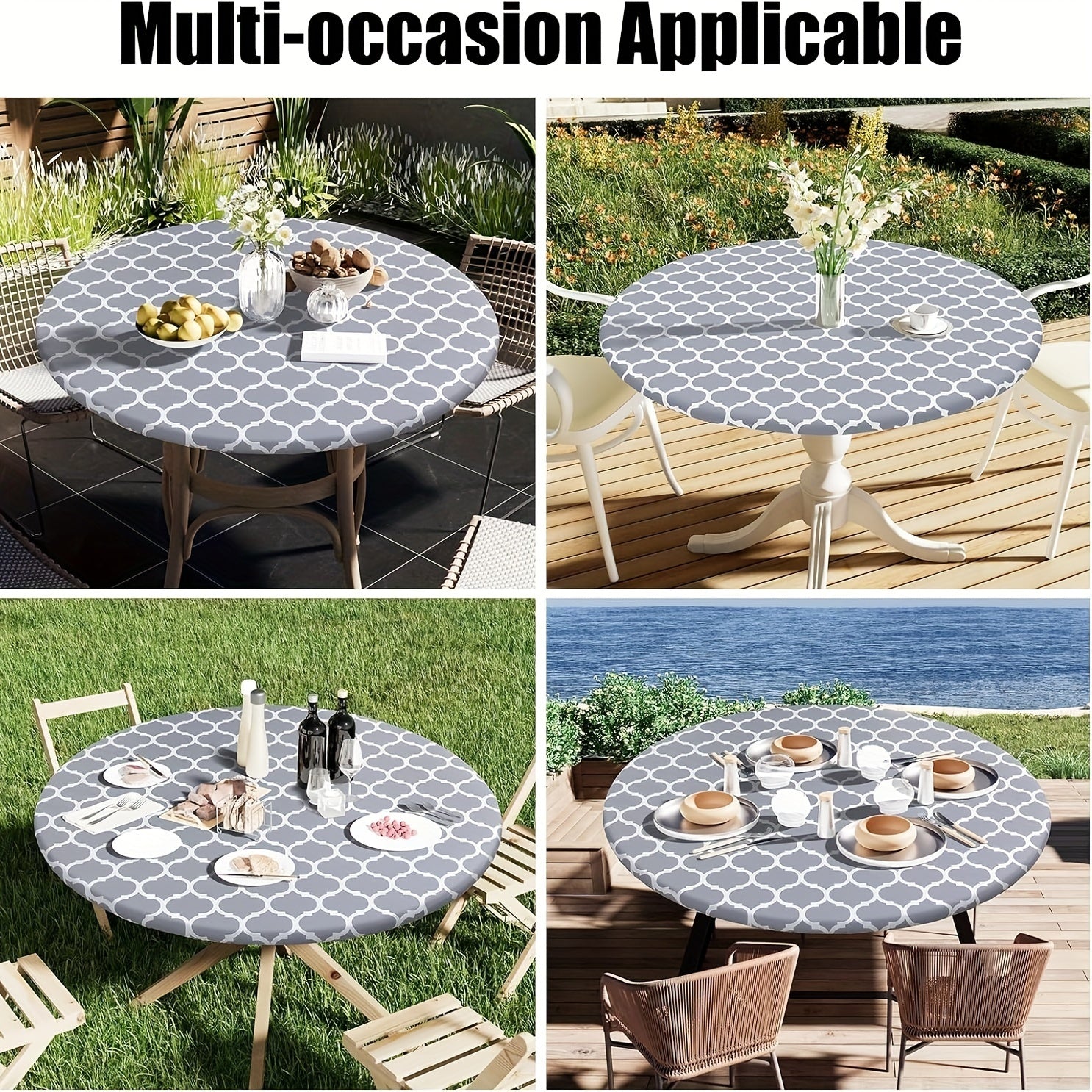 100% Vinyl Round Moroccan Tablecloth - Waterproof & Oil Proof with Flannel Backing, Elastic Edges for Indoor, Outdoor, Patio, Picnic, Camping - Perfect for Dining, BBQs, and Outdoor Gatherings