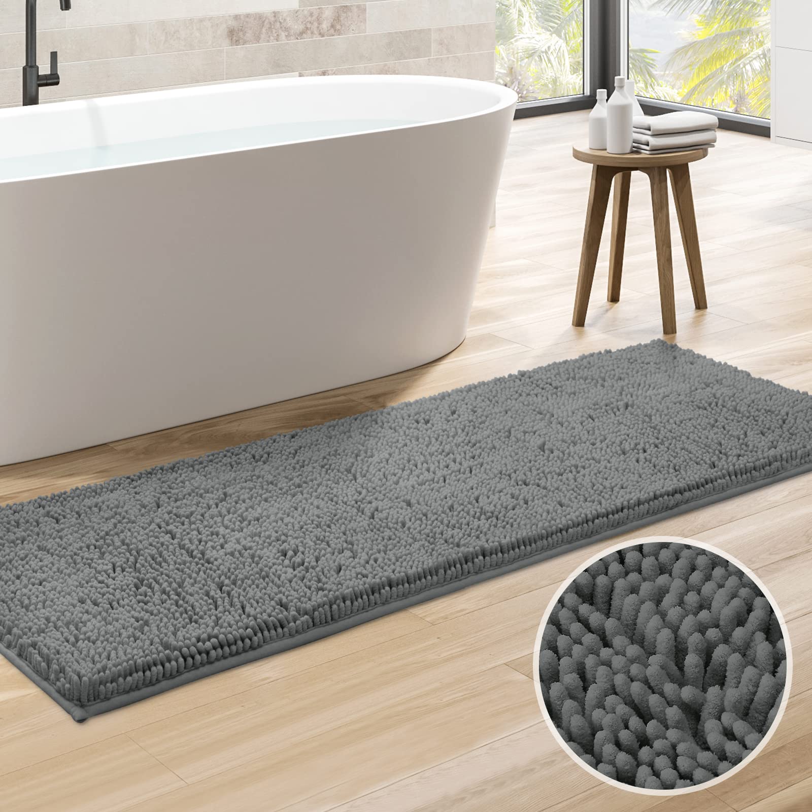Ultra Soft & Absorbent Non-Slip Bathroom Rug Runner - 20x60 Inch Grey Chenille Plush Shower Mat, Machine Washable Long Bath Carpet for Bathroom Floor Safety & Comfort