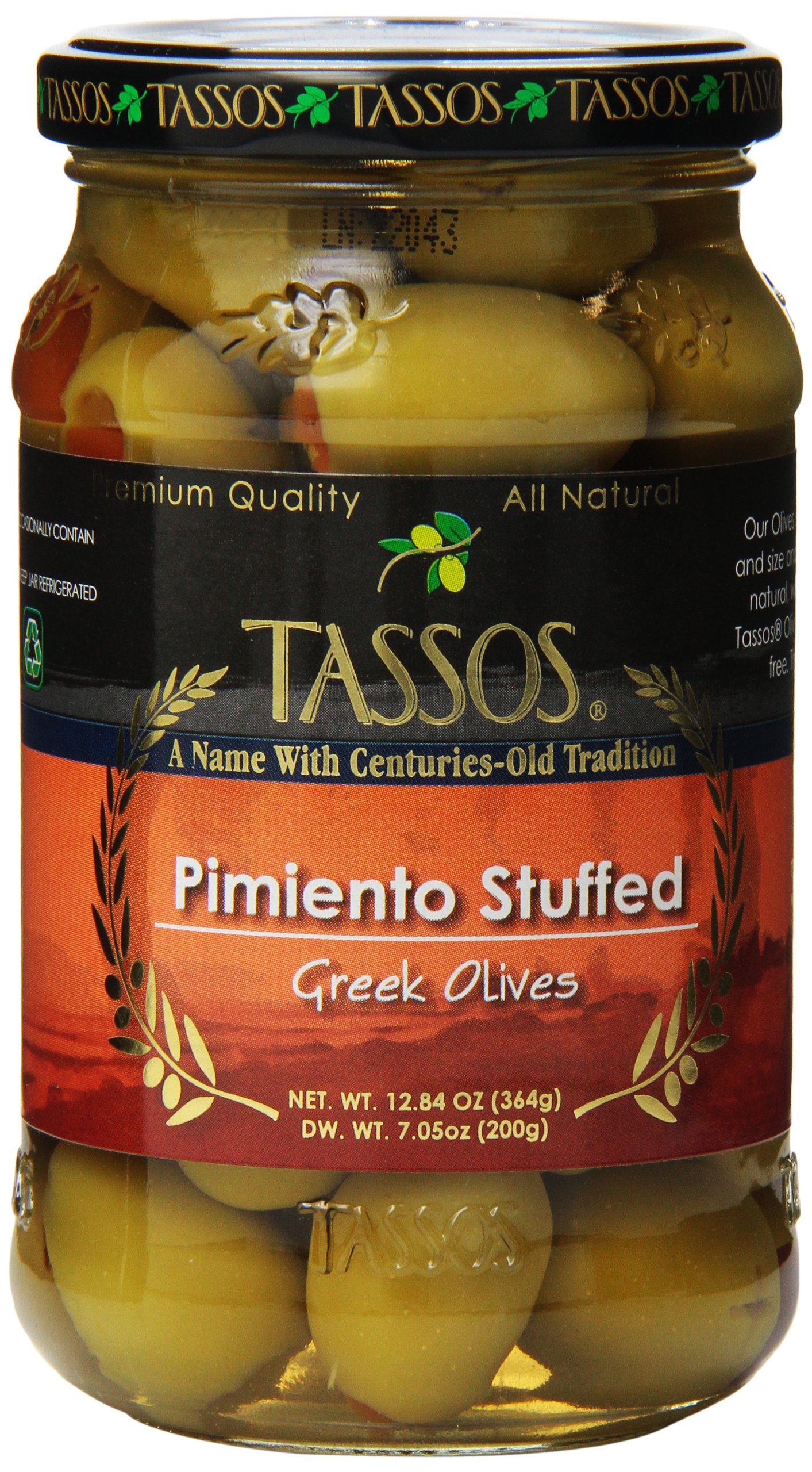 Tassos Evian Olives Stuffed with Natural Pimento - 12.84 oz Jar | Premium Imported Greek Olives for Charcuterie Boards, Salads & Cocktails